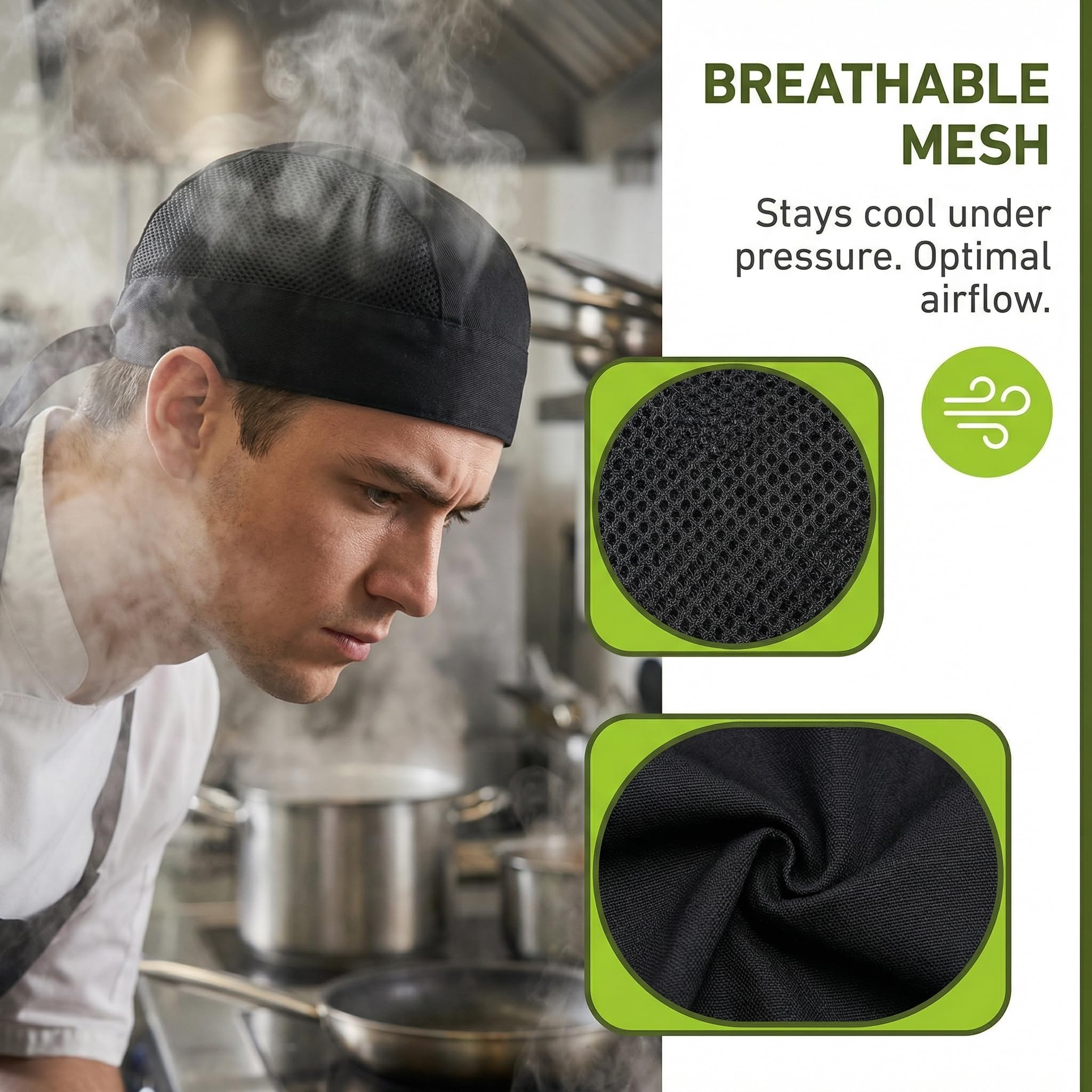 5 Piezas Gorros de Cocina Ajustables, Bandana Chef Unisex para Hombre y Mujer, Gorro Cocinero Profesional Estilo Japonés (Negro, Rayas, Chile, Cubiertos, Cuadros) para Restaurante Hostelerí
