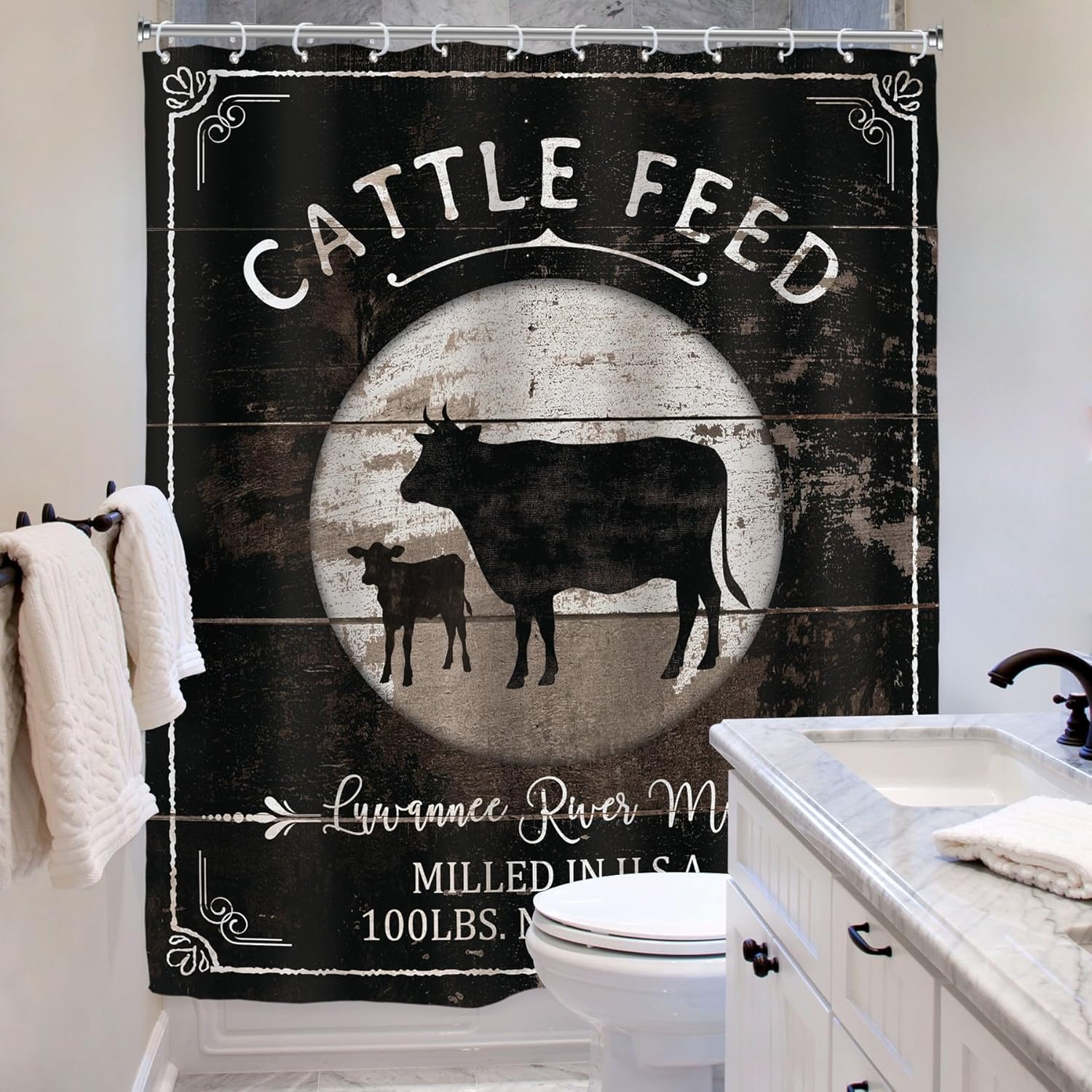 Riyidecor Cattle Feed Farmhouse Cow Shower Curtain for Bathroom Decor 60Wx72H Rustic Farm Animal Country Western Black Wooden Board Barn Bull Vintage Printed Fabric Polyester Waterproof 12 Pack Hooks