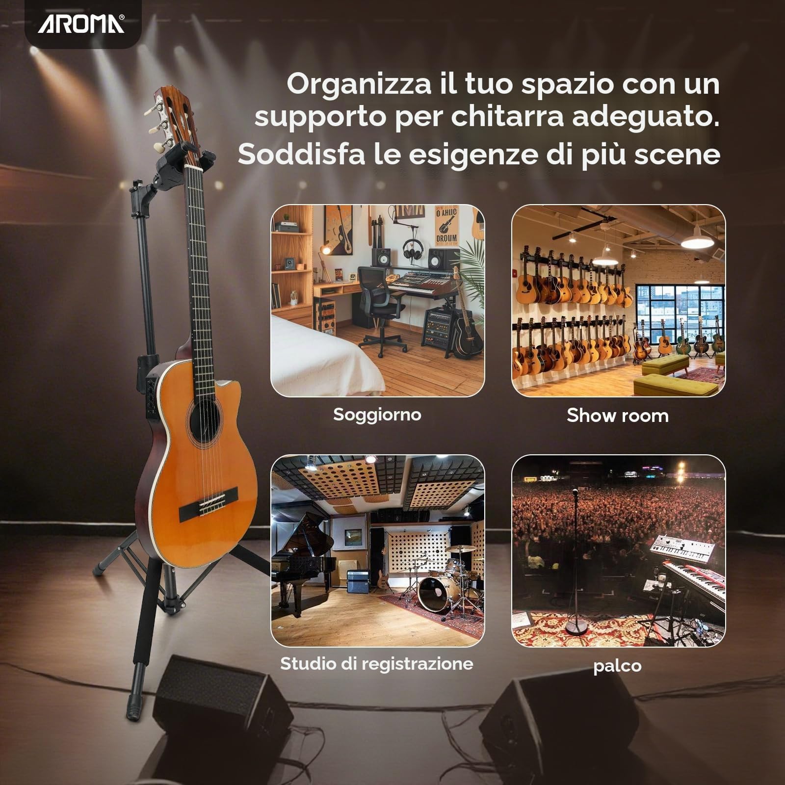 AROMA Supporto per Basso Universale per Chitarre Acustiche, Elettriche e Classiche Supporto da Pavimento Pieghevole con Blocco Automatico del Manico, Treppiede Solido