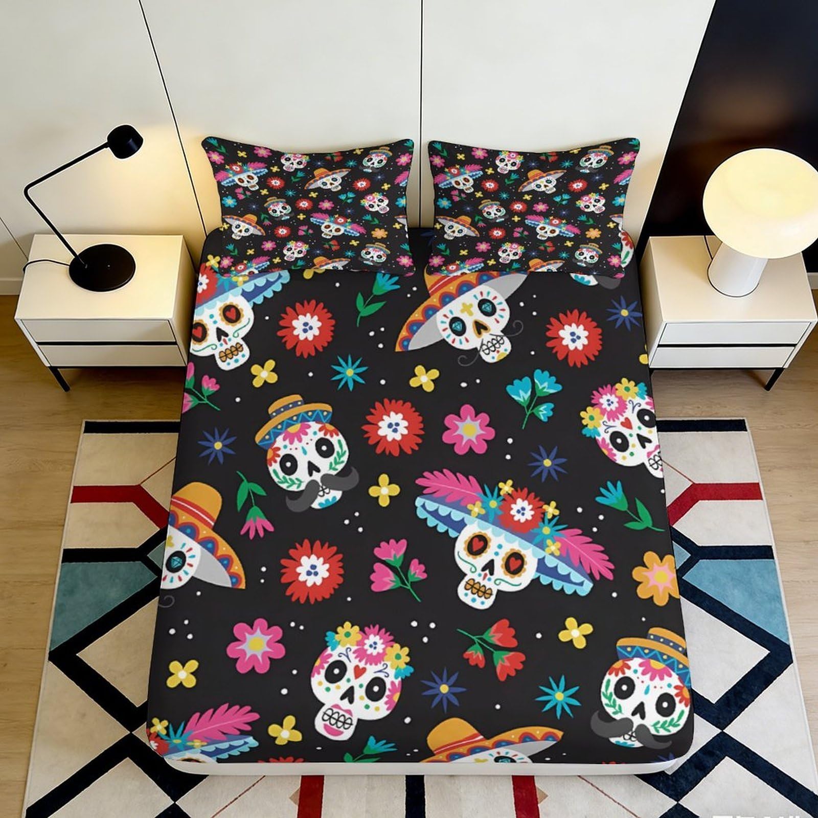 3D Printed Colourful Skull Fitted Sheet Microfiber Elastic Hem for Bedroom Bedding Set Colourful Skull Mattress Fitted Cover for Adults Teens 200x200x25cm 90x200x25cm