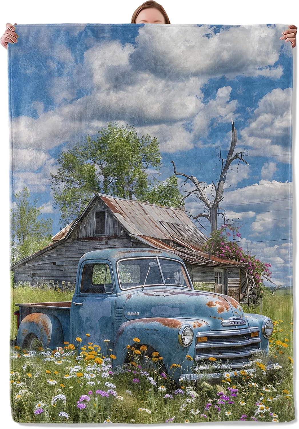 Vintage Blue Truck Blanket Gifts for Women Adults, Soft Warm Lightweight Flannel Throw Blankets for Camping Bedroom Living Room Home Sofa Travel Decor 60" x 80"