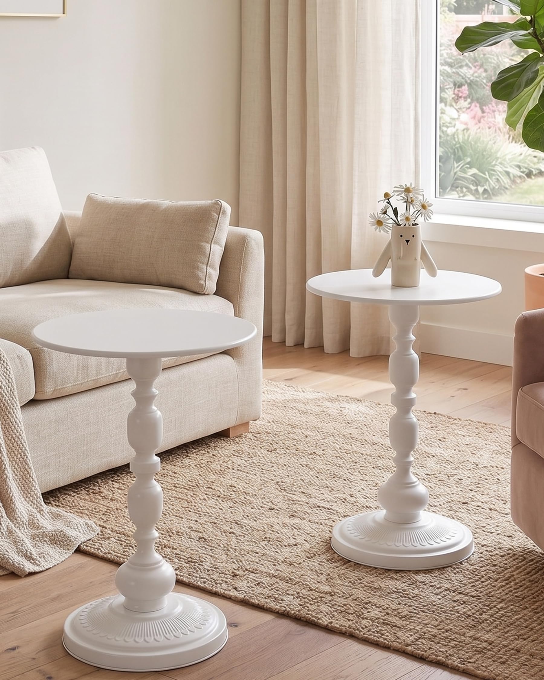Lot de 2 Table d'Appoint Blanche Petite Table Basse Ronde, Gueridon Salon Tables de Chevet en Métal, Largeur 40 cm, Hauteur 54 cm (Blanche)