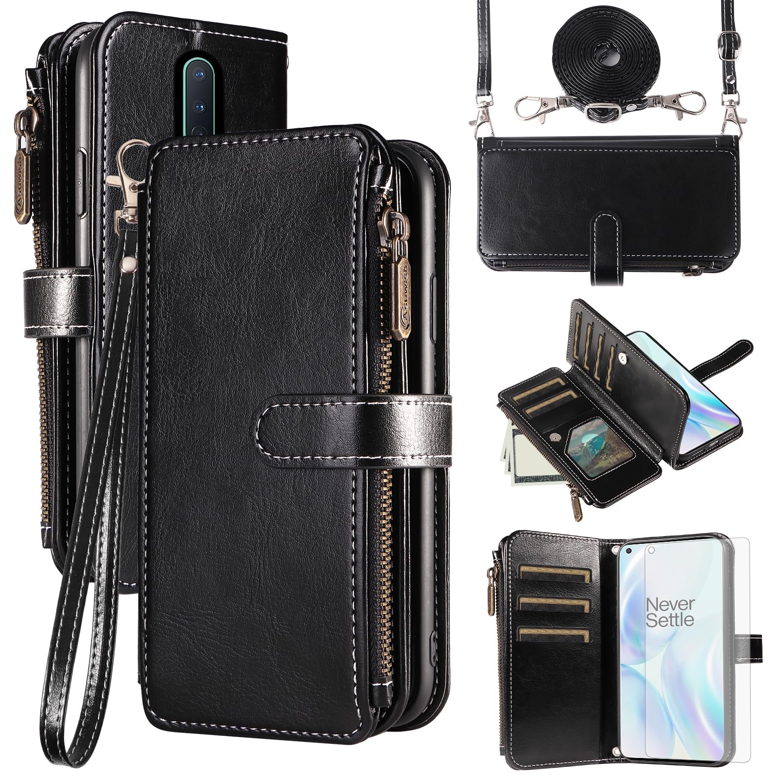 Asuwish Handyhülle für OnePlus 8 Hülle mit Band Folie Schutzfolie Kartenfach Klappbar Leder Geldbörse Ständer OnePlus8 8hülle Handy Hüllen Schutzhülle Reißverschluss Handyhüllen Phone Case Schwarz