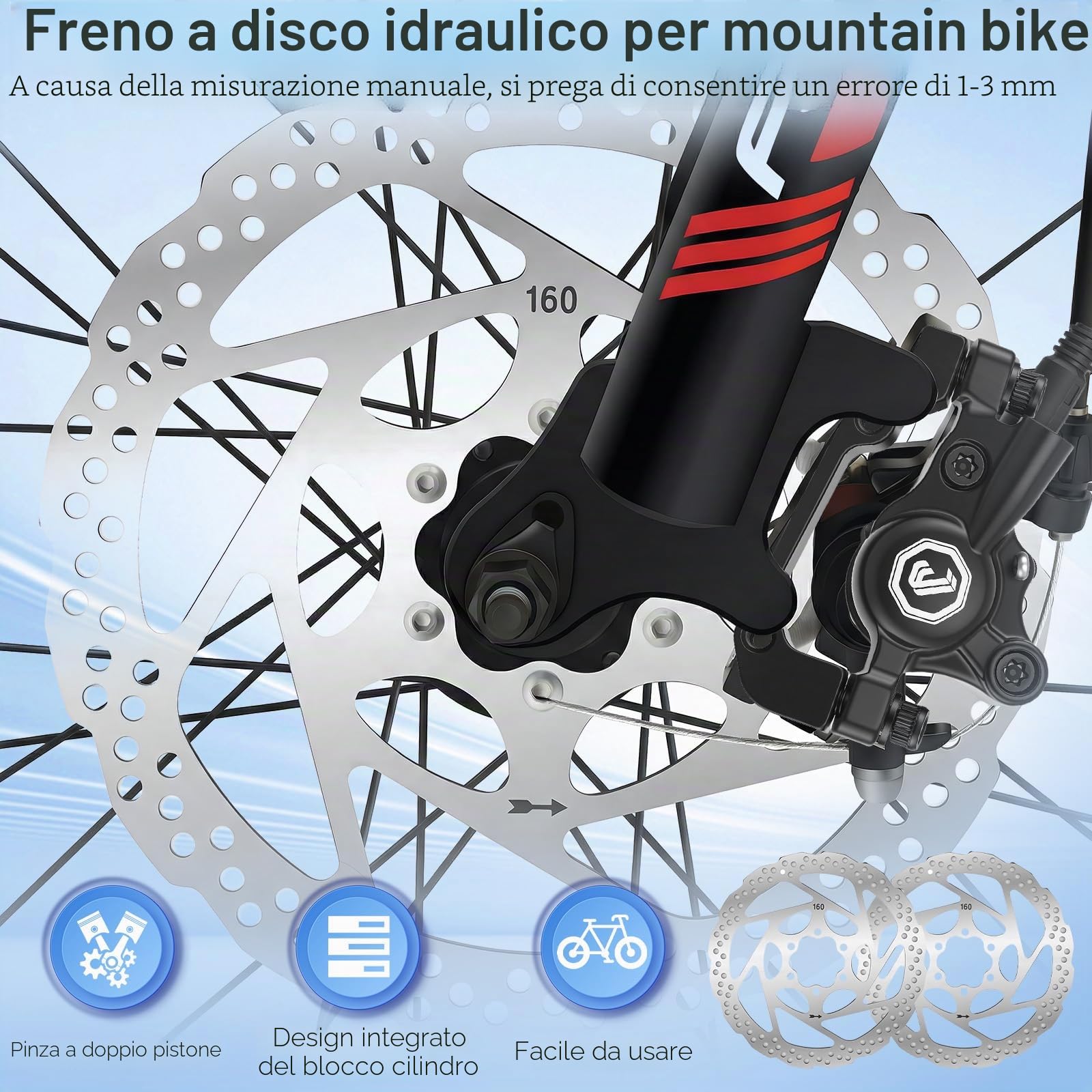 Set di freni a disco idraulici MTB, 2 pistoni anteriori e posteriori, rotore da 160 mm in lega di alluminio, freni idraulici per mountain bike, e-bike e fatbike, nero