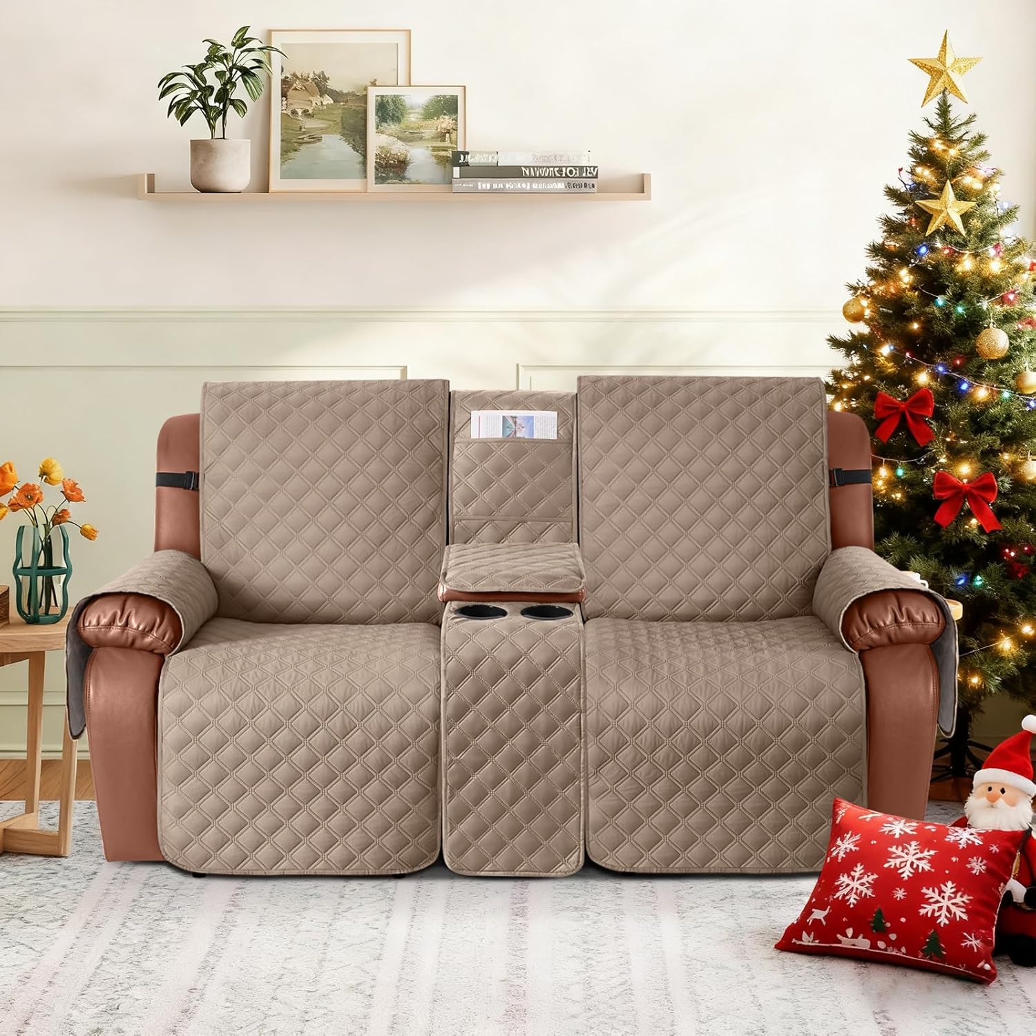 Ruaozz Waterproof Loveseat Recliner Cover with Console Non-Slip Reclining Couch Covers Split Sofa Slipcovers with Elastic Straps Furniture Protector for Kids, Dogs, Pets (Light Brown, 2 Seater)