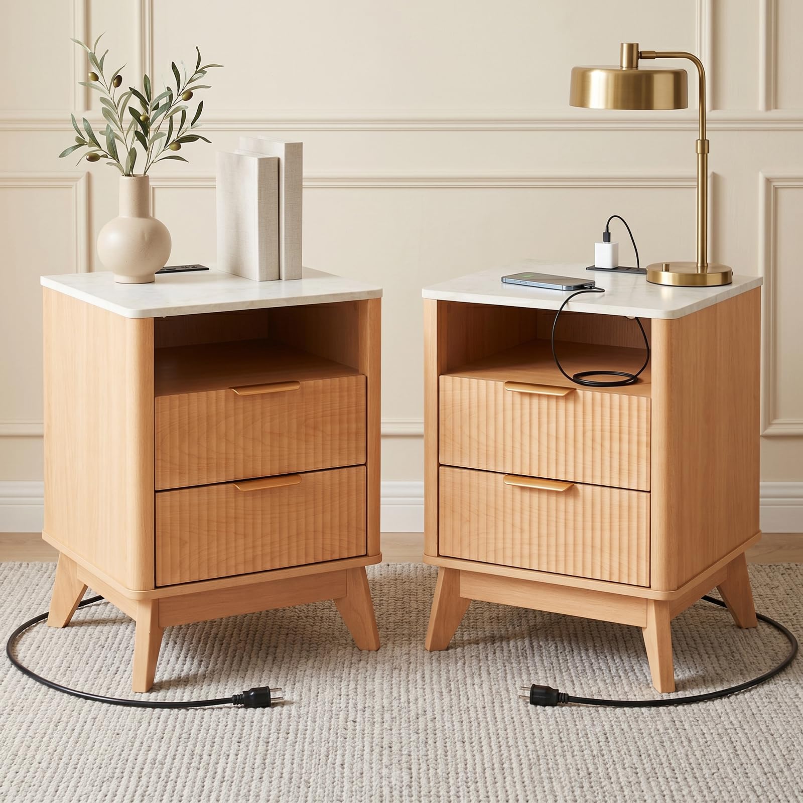 DUMOS 18' Fluted Nightstand with Built-in Charging Station Set of 2