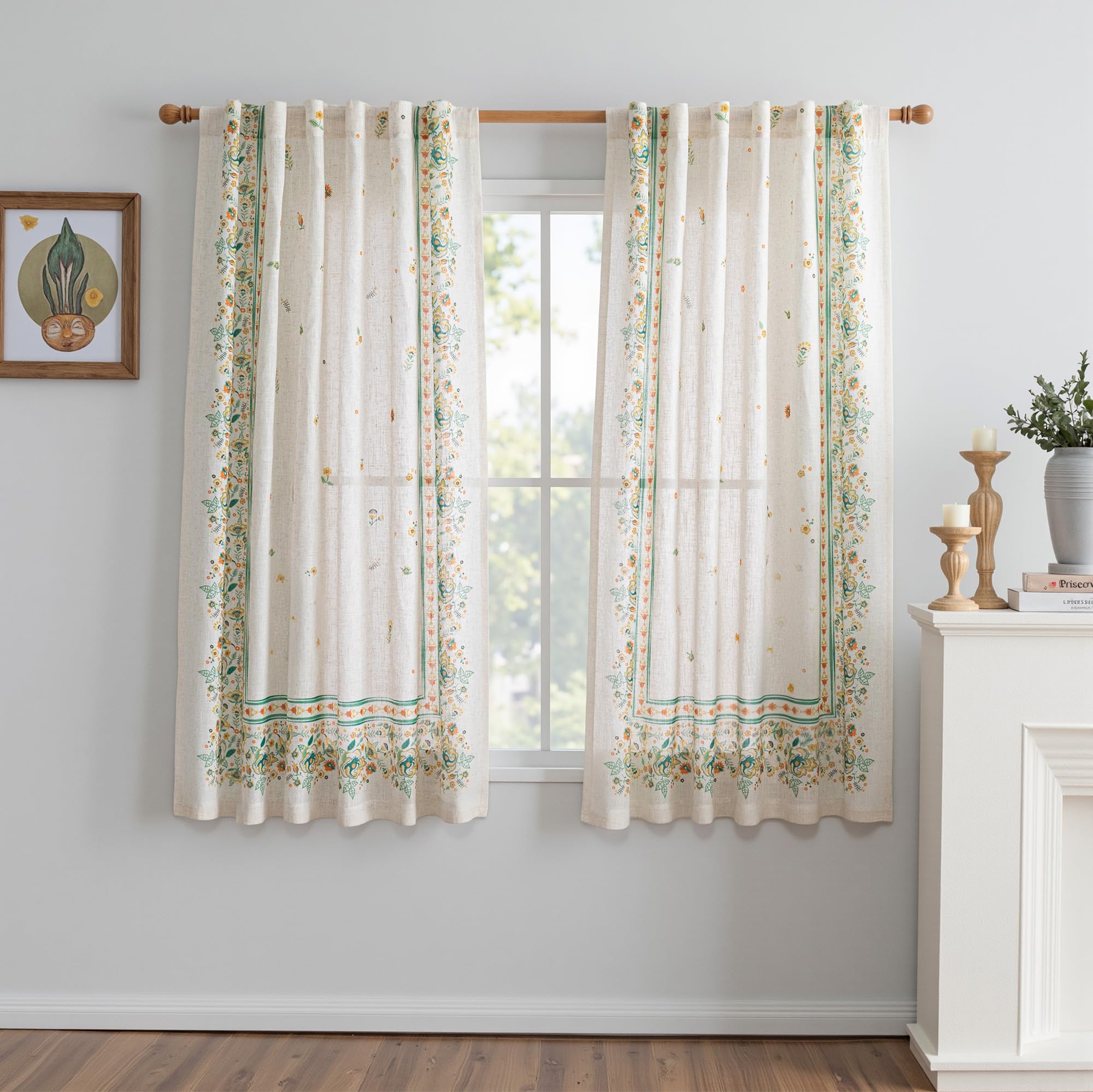 MYSKY HOME Boho Floral Curtains 72 inch for Living Room Semi Sheer Linen Look Bohemian Style Farmhouse Printed Curtains Light Filtering Privacy Back Tab Drapes, 50x84 Inch, Yellow and Blue, 2 Panels