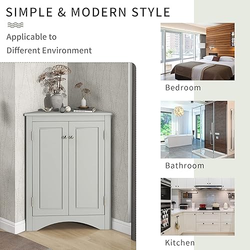 Miniatura 6 de Armario esquinero de piso con estantes ajustables y dos puertas, gabinete de almacenamiento triangular para baño, cocina, sala de estar (gris)