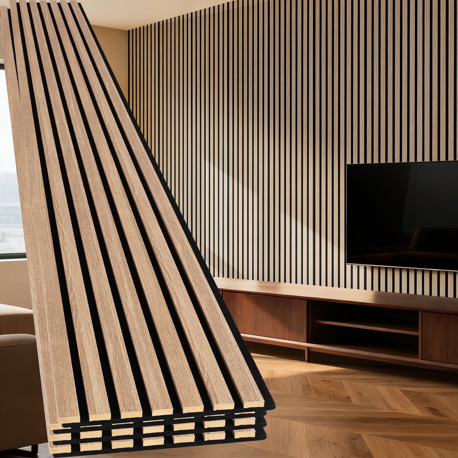 Photo 1 of Yuzzy 4 Pack Wood Panels for Wall, 94.5" x 11" Acoustic Wood Slat Wall Panel for Interior Wall Decor & Noise Reduction, Soundproof Panel & Sound Absorbing Panels - Oak