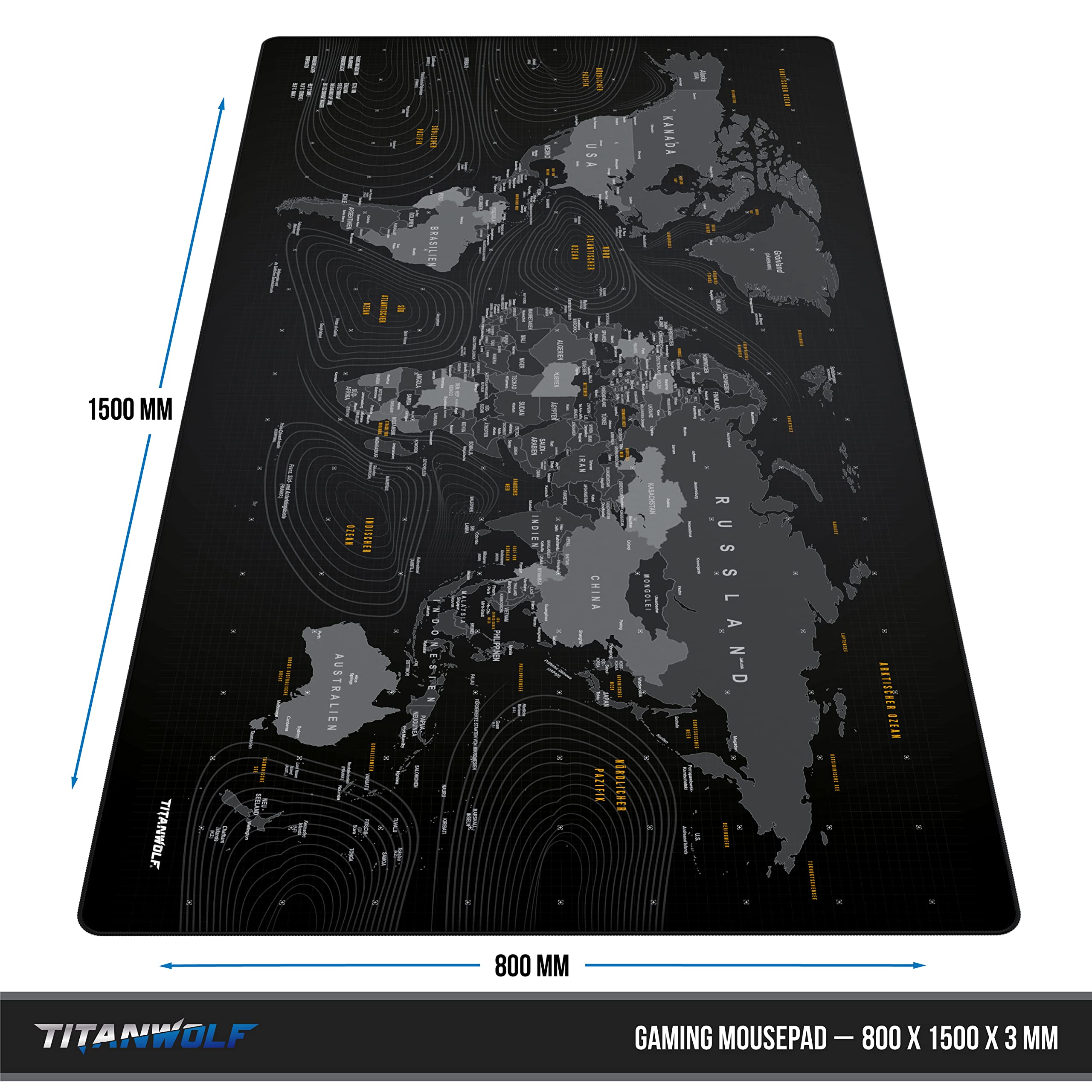 Titanwolf - XXXL Übergröße Mauspad 1500x800mm - XXXL Großformat - Schreibtischauflage - gummierte Rückseite - rutschfest und abwaschbar - Gaming - Präzision und Geschwindigkeit - Weltkarte