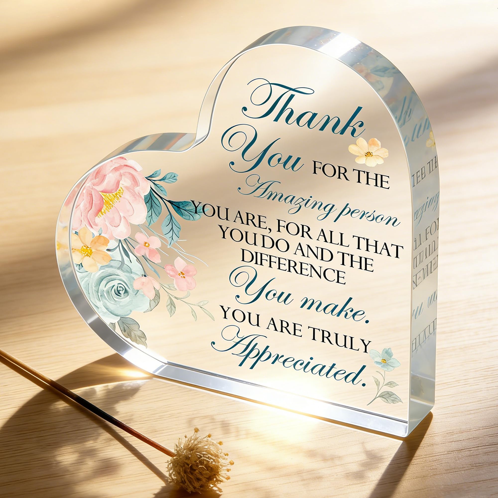 Minwegi Women's Color Heartfelt Thank You Acrylic Plaque - 10X10cm Transparent Heart Shaped Appreciation Gift For Colleagues, Teachers - Durable & Elegant Design With Floral & Butterfly Decor