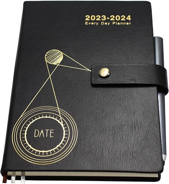 Academic Diary 2023-2024 Day to Page, Daily Planner from July 2023 to June 2024, Productivity A5 Daily Diary with Pen Loop,Pen, Monthly Stickers,Inner Pocket,3 Bookmark,14 X 21 cm (Black)
