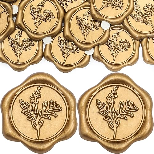 SWANGSA 50 calcomanías de sello de cera de hojas de eucalipto, calcomanías de sellado de sobres de invitación de fiesta de boda de oro antiguo