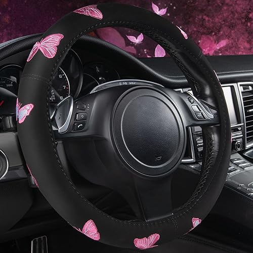 CAR PASS Funda de volante con bordado de mariposa rosa, funda universal de 15 pulgadas para volante de auto para mujeres y niñas, apta para SUV,