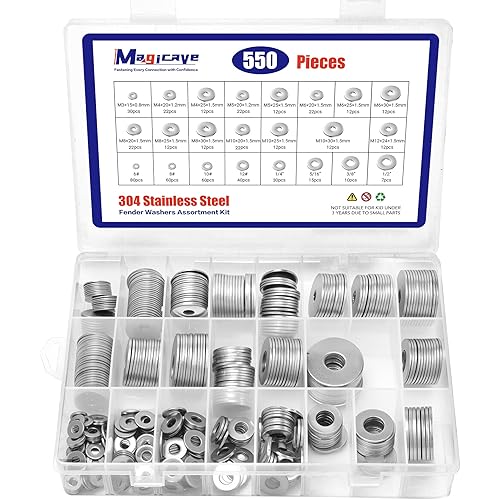 Fender Washers Assortment Kit, 550 Pcs SAE and Metric Flat Washers, 304 Stainless Steel Washers for Screws and Bolts (M3, M4, M5, M6, M8, M10, M12, #6, #8, #10, #12, 1/4", 5/16", 3/8", 1/2")