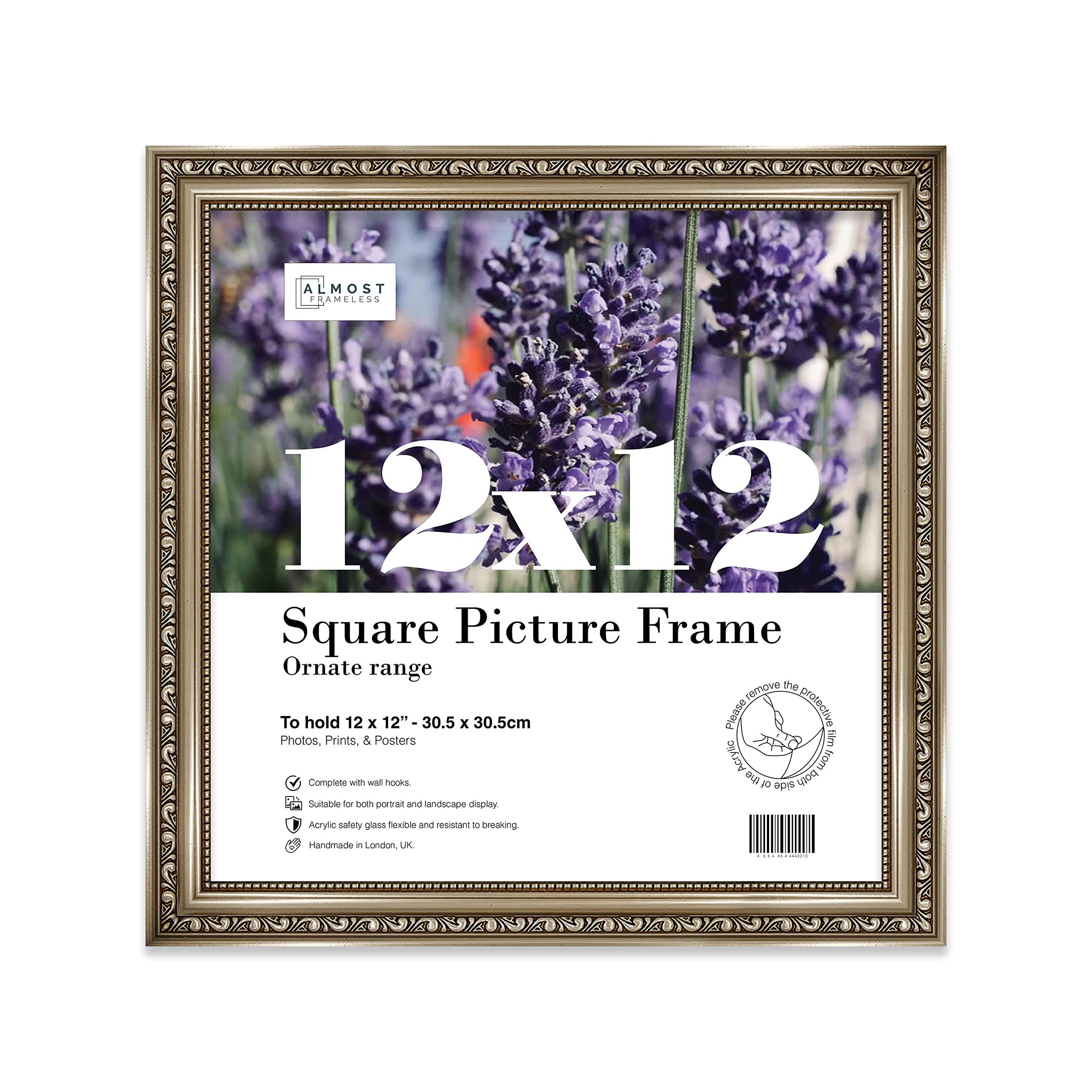 Almost Frameless 12x12 Gunmetal Ornate Picture Frame 12"x12"(30.5x30.5cm) Poster, Photo, Artwork, or Print. Antique Style Portrait and Landscape Display with Wall Hooks