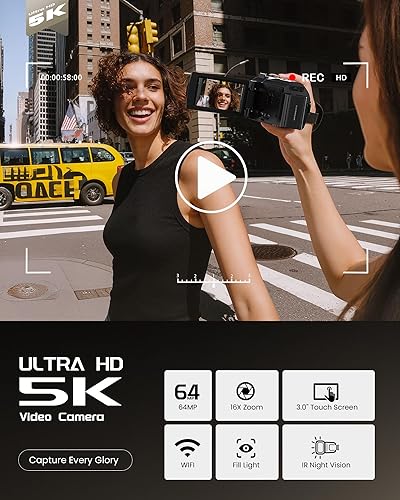 Miniatura 2 de 5K Video Camera Camcorder, UHD 64MP Vlogging Camera for YouTube Digital Camera with IR Night Vision, 3" 270° Rotatable Touch Screen, 16X Negro