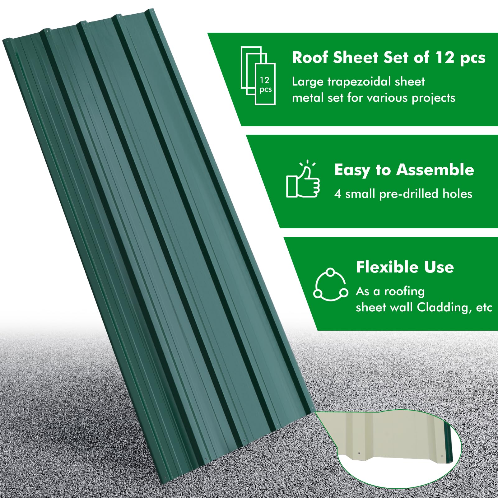 Chapa trapezoidal de 12 láminas de techo de acero galvanizado, 110 cm x 45 cm, juego de placas trapezoidales de 7 m², para garaje, cobertizo, tejado, color negro con estructura (Verde)