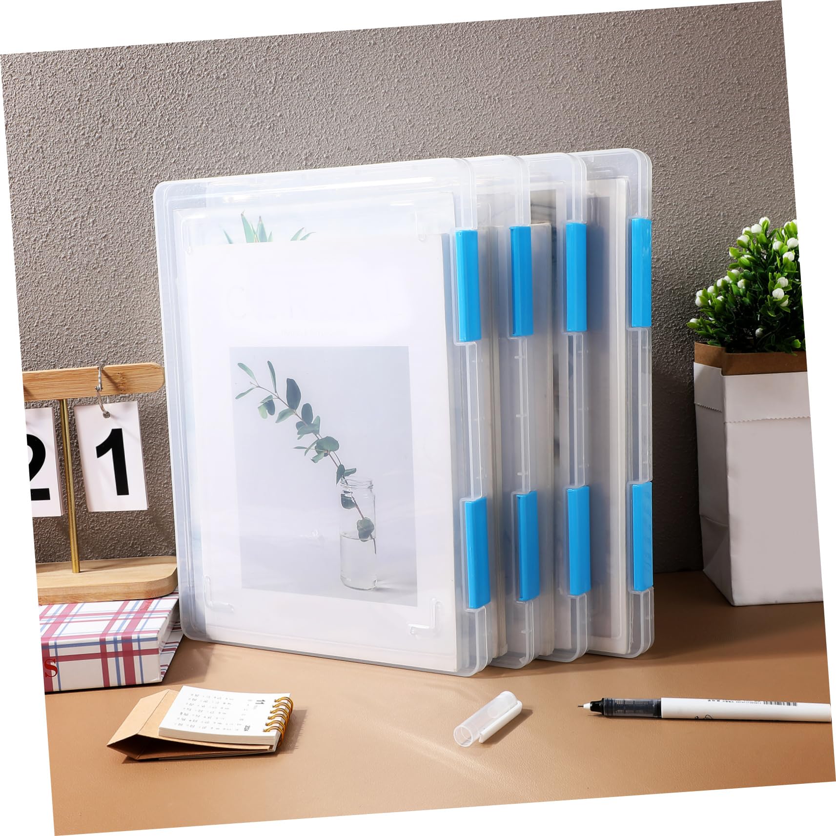 SECFOU Scatola Trasparente per Documenti A4 4pezzi, Plastico | Cartelline Portadocumenti e Storage File Boxes, con Coperchio Impilabile per Scuola e Ufficio, Decorazioni Scuola