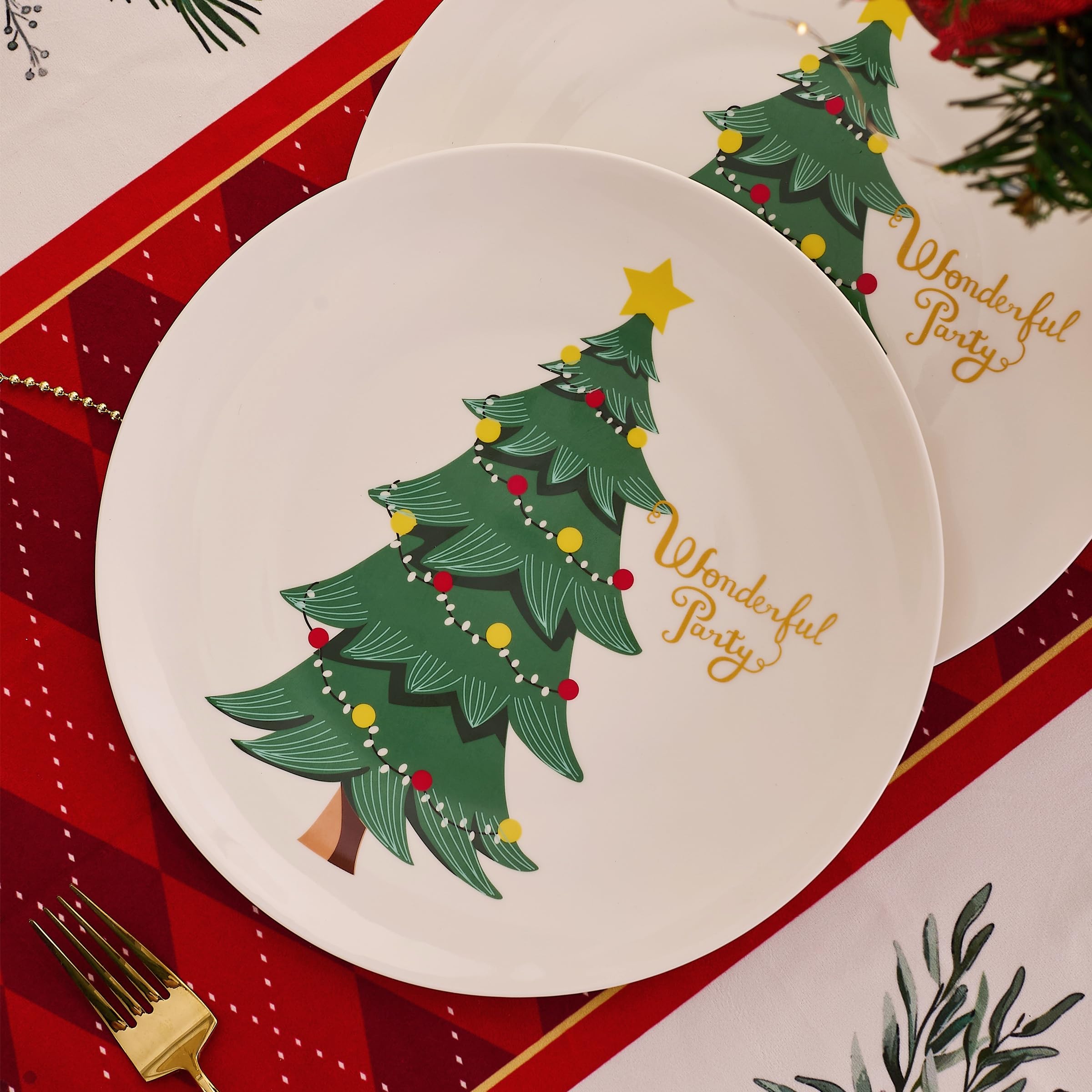 Weihnachtsessenteller Abendessen Teller - Set von 6, 26cm Knochen China, spülmaschinen- & mikrowellengeeignet, festliche Tischdekoration für die Feiertage