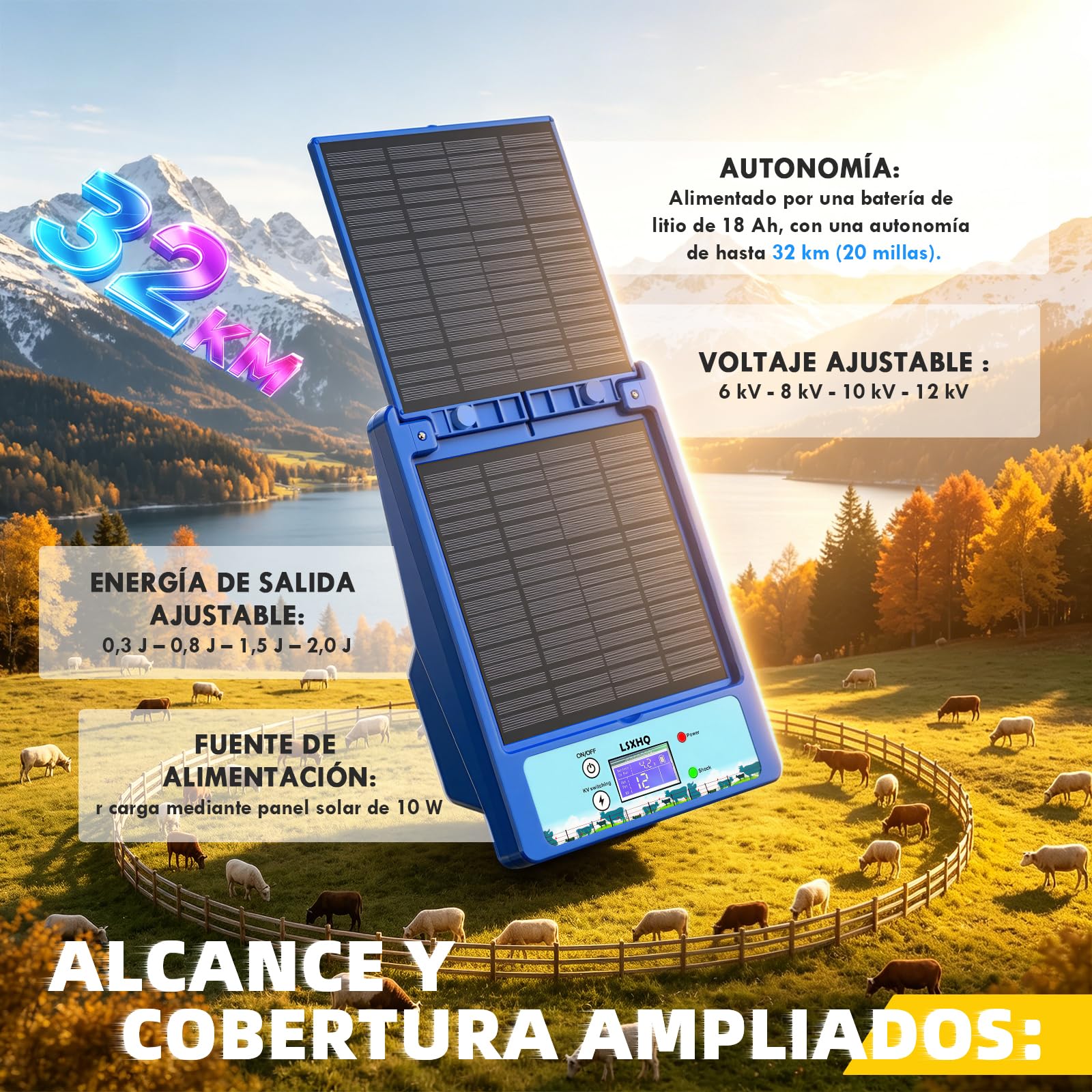 Cercado Eléctrico Solar 12V 32KM, 0.3-2J, 6KV-12KV Ajustable, Cerca Eléctrica con Batería de Litio 18Ah & Kit de Puesta a Tierra, Panel Solar 10W, Protección Confiable para Aves de Corral(Azul)