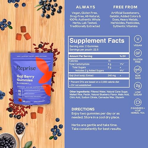 Vista 13 de Reprise Goji Berry Superfood Gummies – Antioxidante totalmente natural, digestión, 240 mg de potencia completa, baja en azúcar, veganas, 45 gomitas