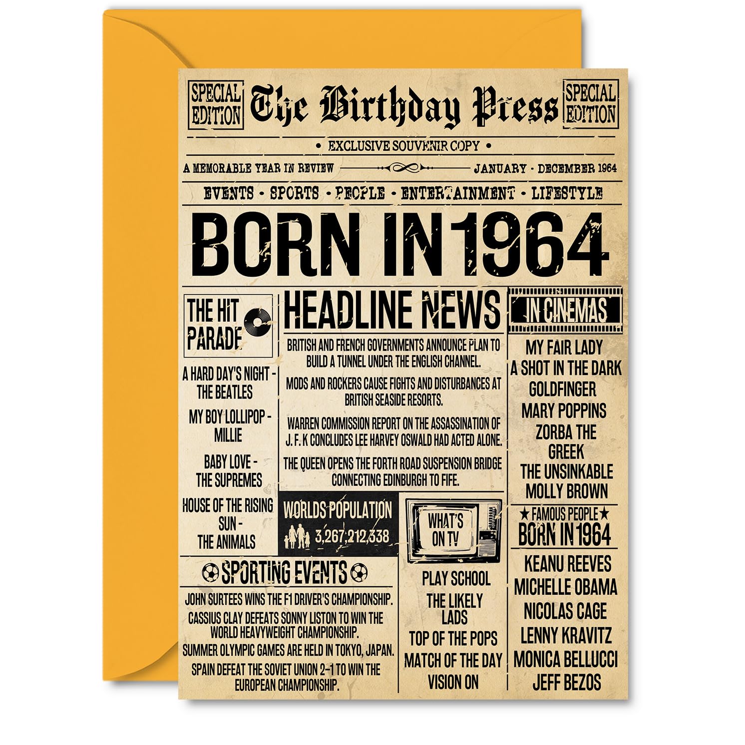 62nd Birthday Card for Men Women - Bday Press Newspaper 1964 - Happy 62 Birthday Cards for Cousin Sister Nan Grandma Grandad Dad, A5 Bday Greeting Cards