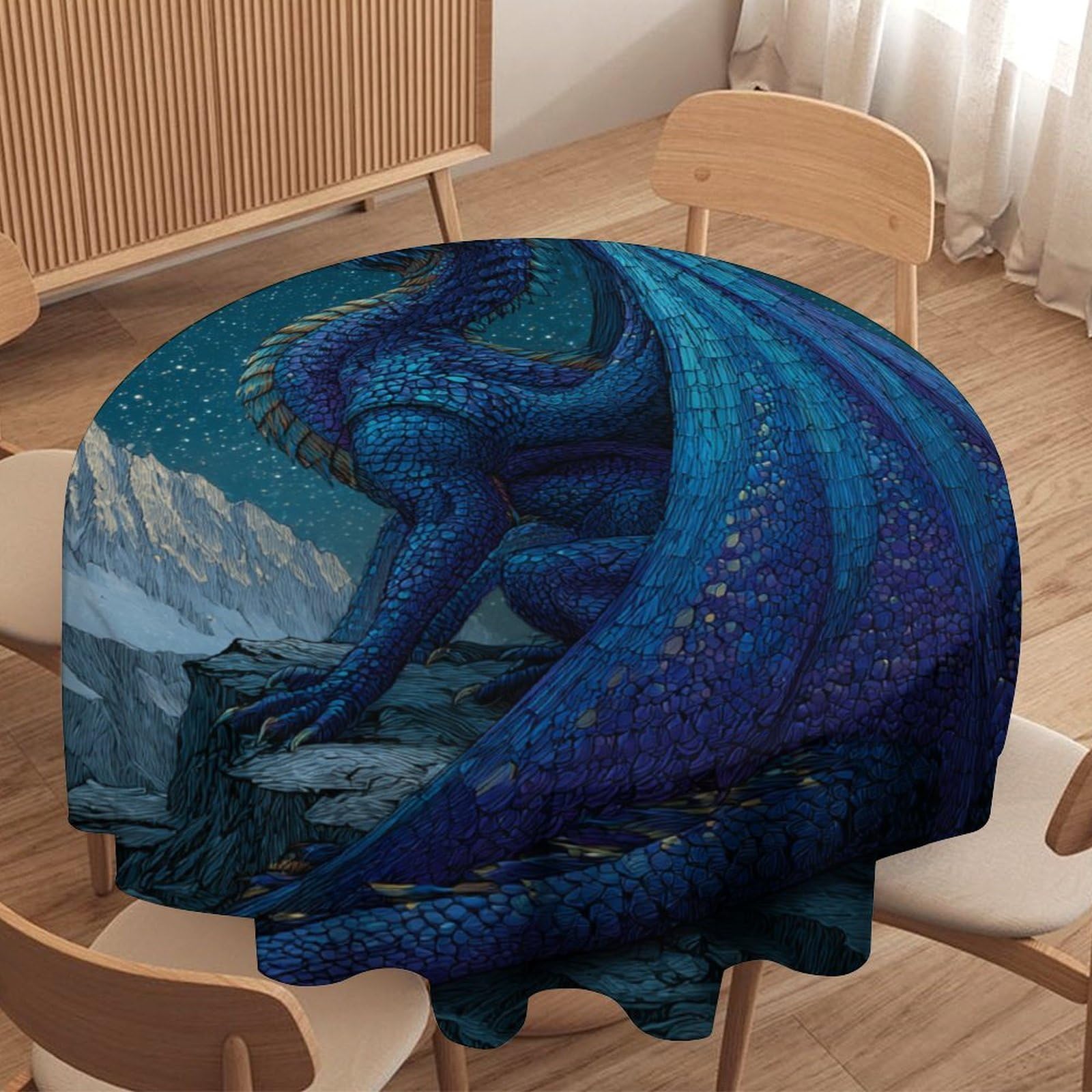 LUYYSKY Vintage Cool Western Dragon Waterproof Round Tablecloth Realistic Oil Painting Full Moon Galaxy Fantasy Mythical Animal Dragon Washable Table Cover for Kitchen-177.8" Wx177.8 L cm