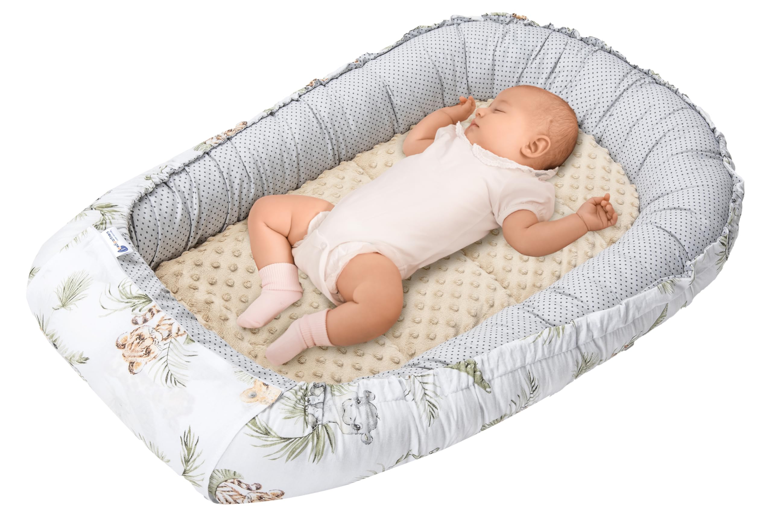 Medi Partners Baby Nest Pod for Newborn Babynest Sleep Bed - 100x60x15 Lounger Essentials 0-12 Months sleeping bilateral Cocoon 100% Cotton (Safari with Beige Plush)