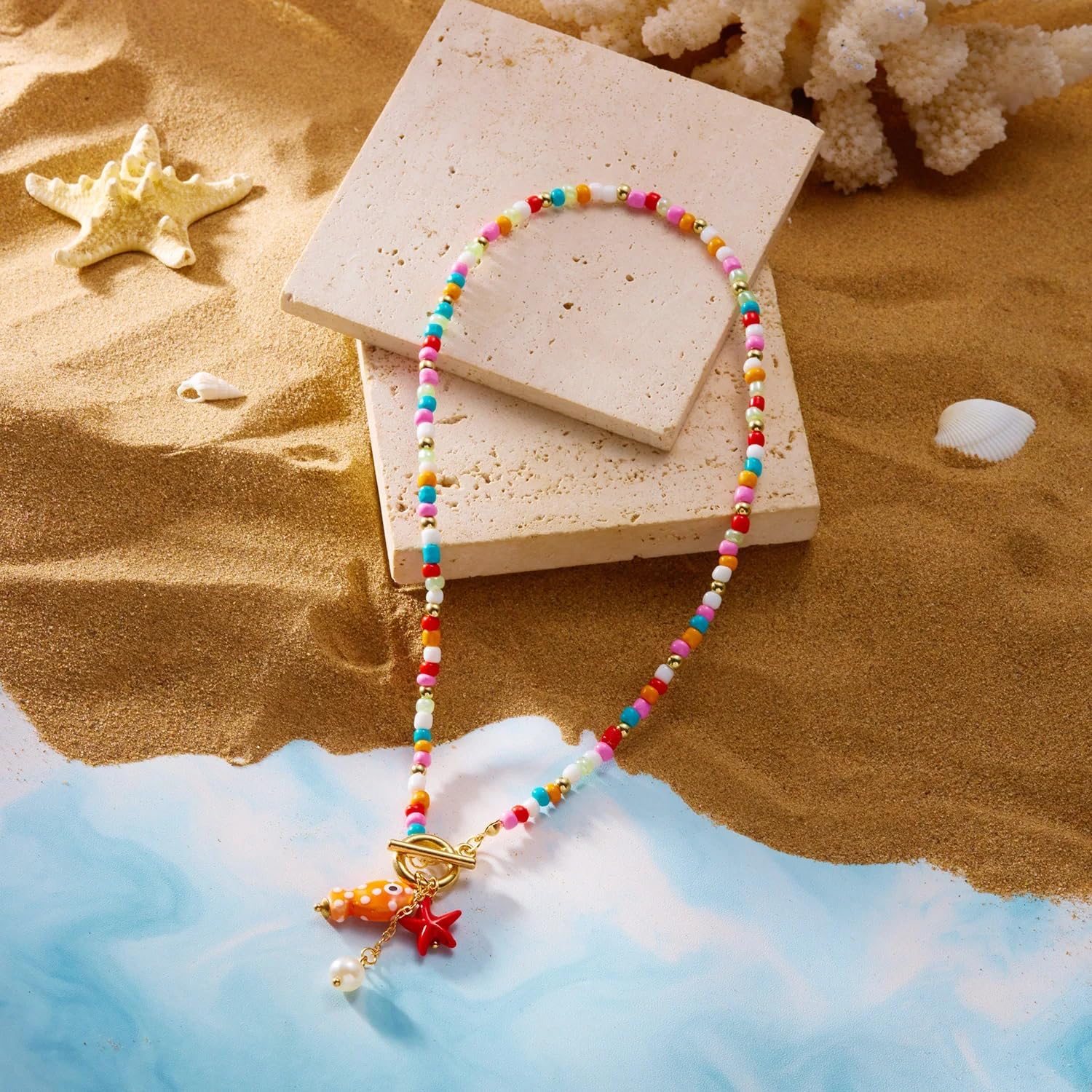 Starfish Fish Toggle Necklace Boho Colorful Pearl Beaded Necklace Summer Coastal Beachy Beach Hawaiian Choker for Women Men - Image 3