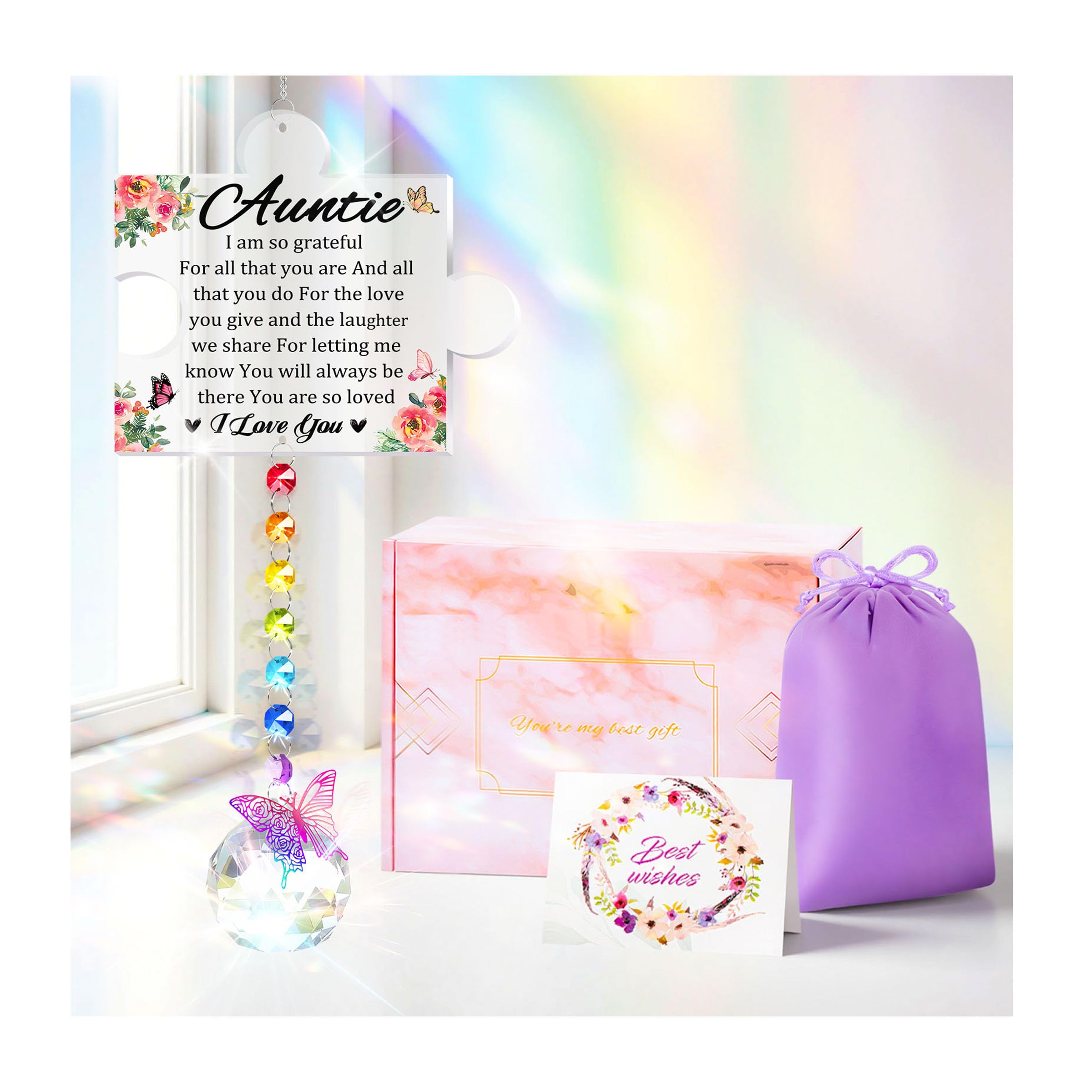 YIBONIKA Auntie Gifts from Nephew Niece, Birthday Gift for Auntie, Puzzle Crystal Suncatcher Gifts for Auntie, Best Auntie Presents for Christmas Mother's Day