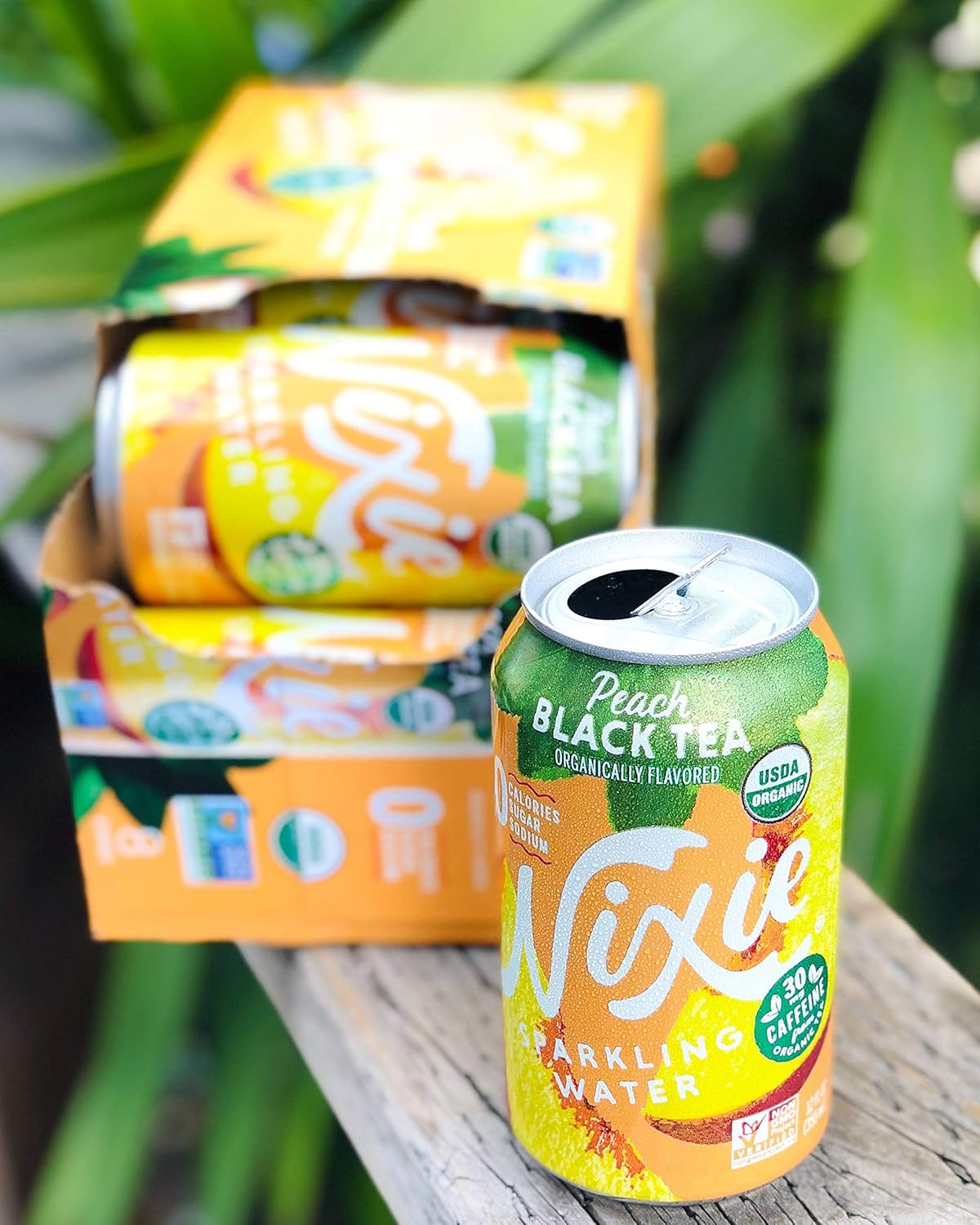 Nixie Sparkling Water, Peach Black Tea, Lightly Caffeinated (30mg) | 12 fl oz cans, 24 pack | Organic, Vegan, Non-GMO, Gluten Free, 0 Calories, 0 Sugar, 0 Sodium