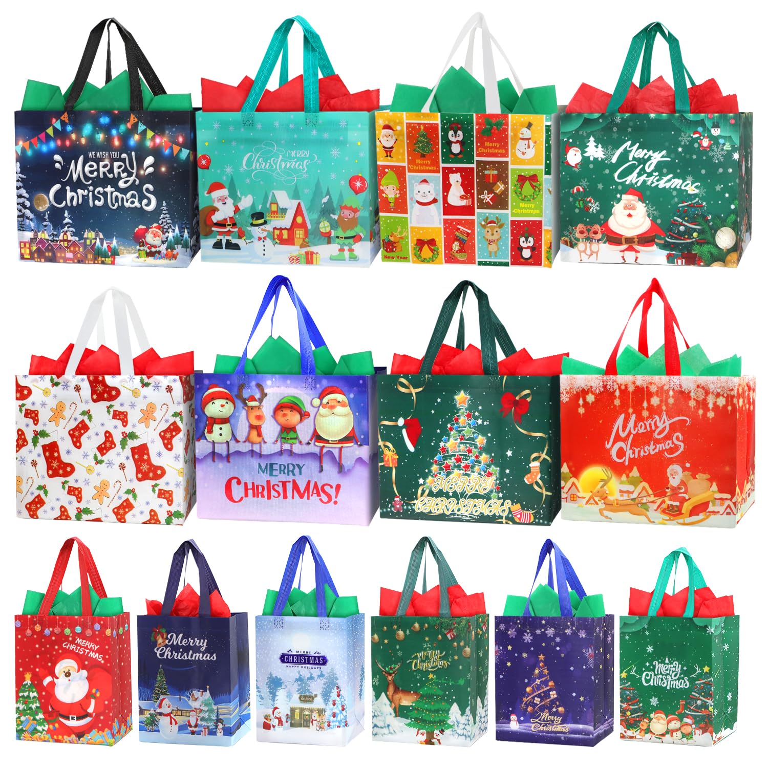 14 Pack Christmas Bags for Gift Assorted Sizes with Tissue Paper, Non-woven 8 Large & 6 Medium Reusable Xmas Party Tote Bag With Handle For Friends Family Kids Present Wrapping,Waterproof