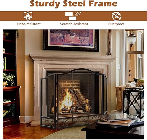 Miniatura 4 de Tangkula Pantalla de chimenea de malla metálica resistente al calor de 3 paneles de 50 x 31 pulgadas protector de chispas de fuego plegable cubierta