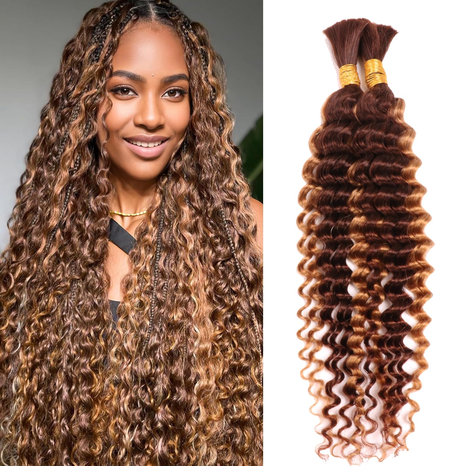 Deep Wave Bulk Human Hair for Braiding 10A Brazilian Curly Human Hair No Weft micro Human Braiding Hair for Boho Braids Virgin Hair Extension (P4/27#
