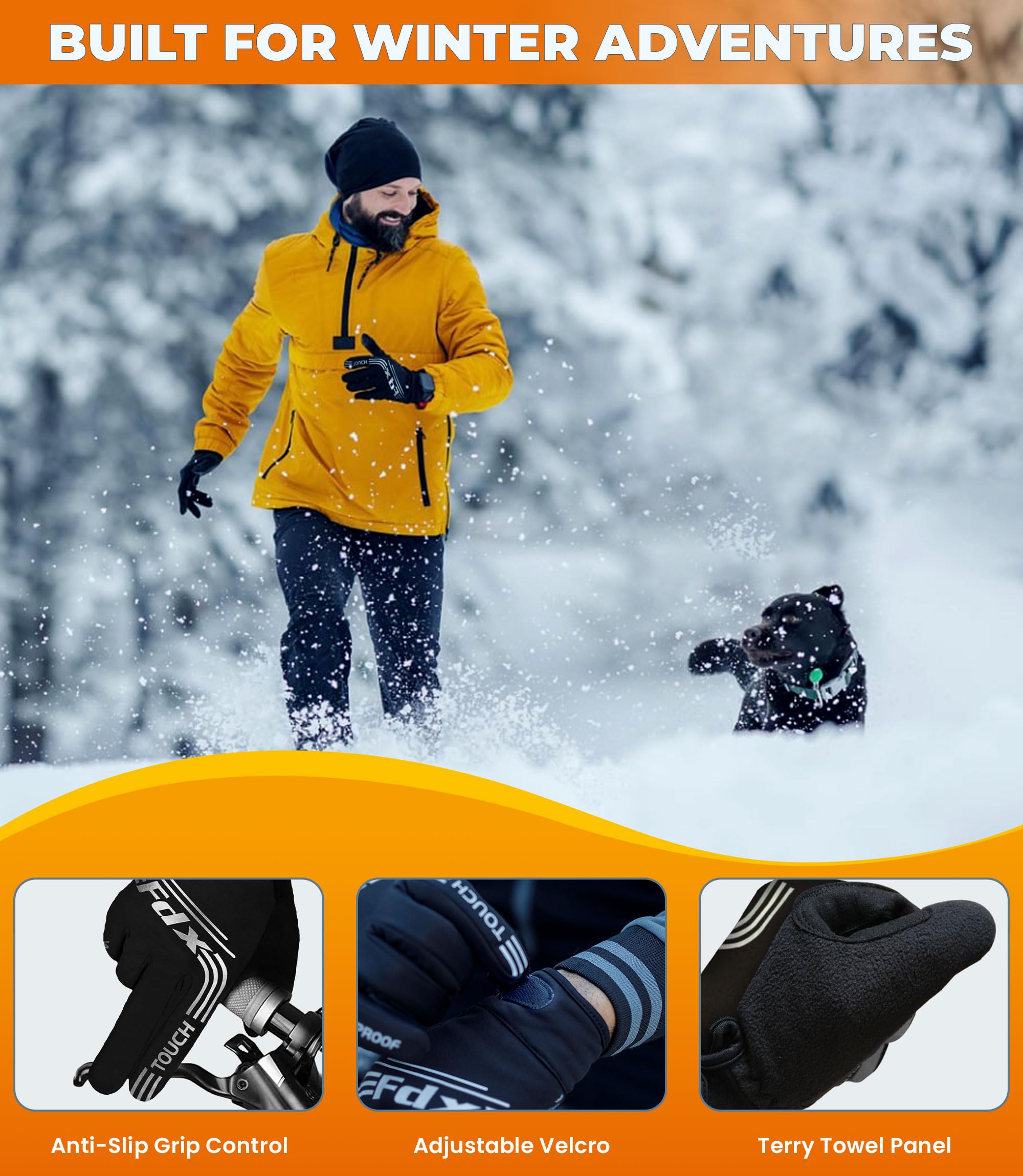 FDX Guanti Bici Termici Invernali – Antivento e Traspiranti con Palmo Imbottito in Gel, Touchscreen Sensibile, Guanti per MTB, Ciclismo su Strada, Running e Outdoor