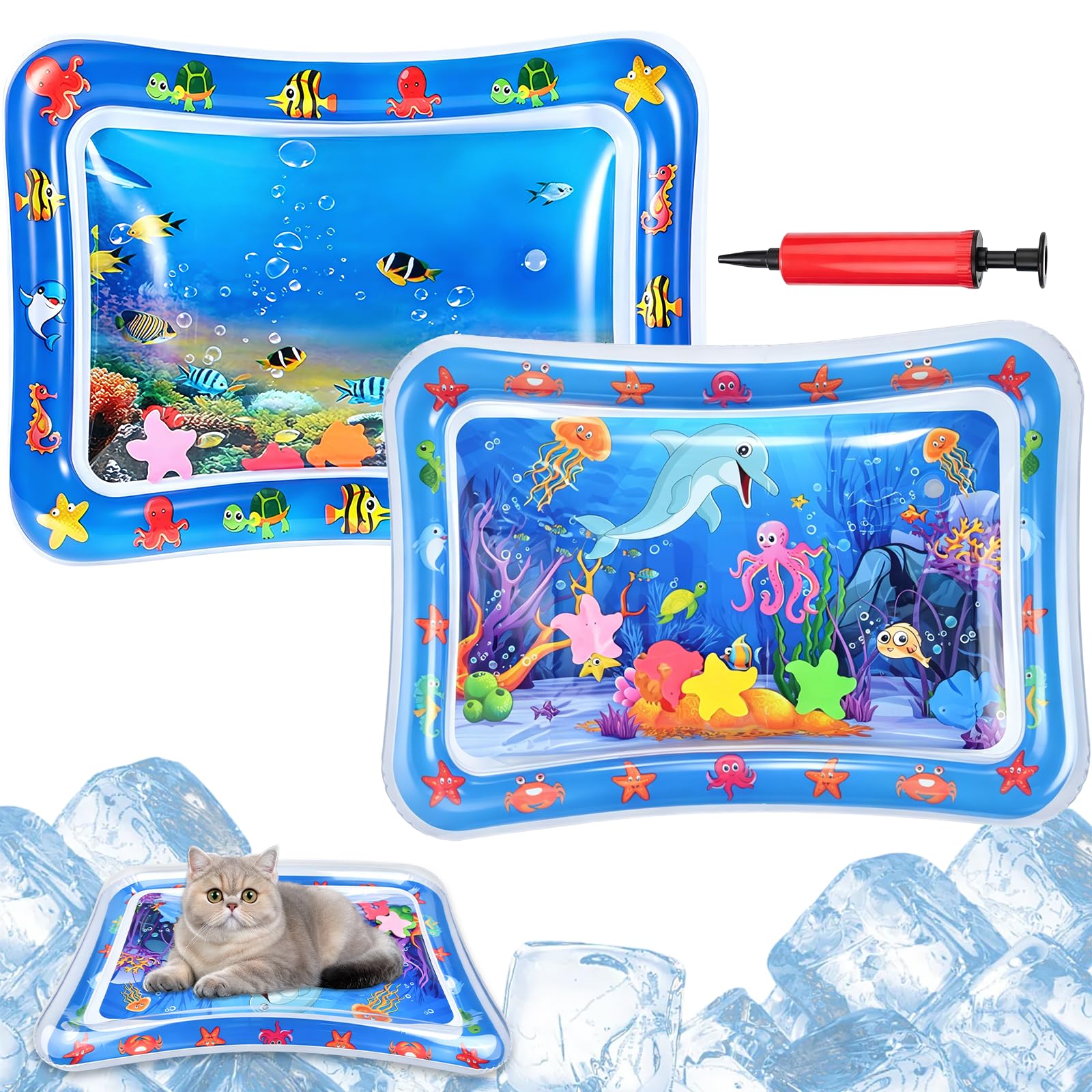 Water Play Mat, 2 Pcs Interactive Cat Toys, 60 x 40cm Water Mat with Fish, Comfort Inflatable Cat Sensory Water Mat for Cat Dogs & Baby Enrichment, for Pet Owners