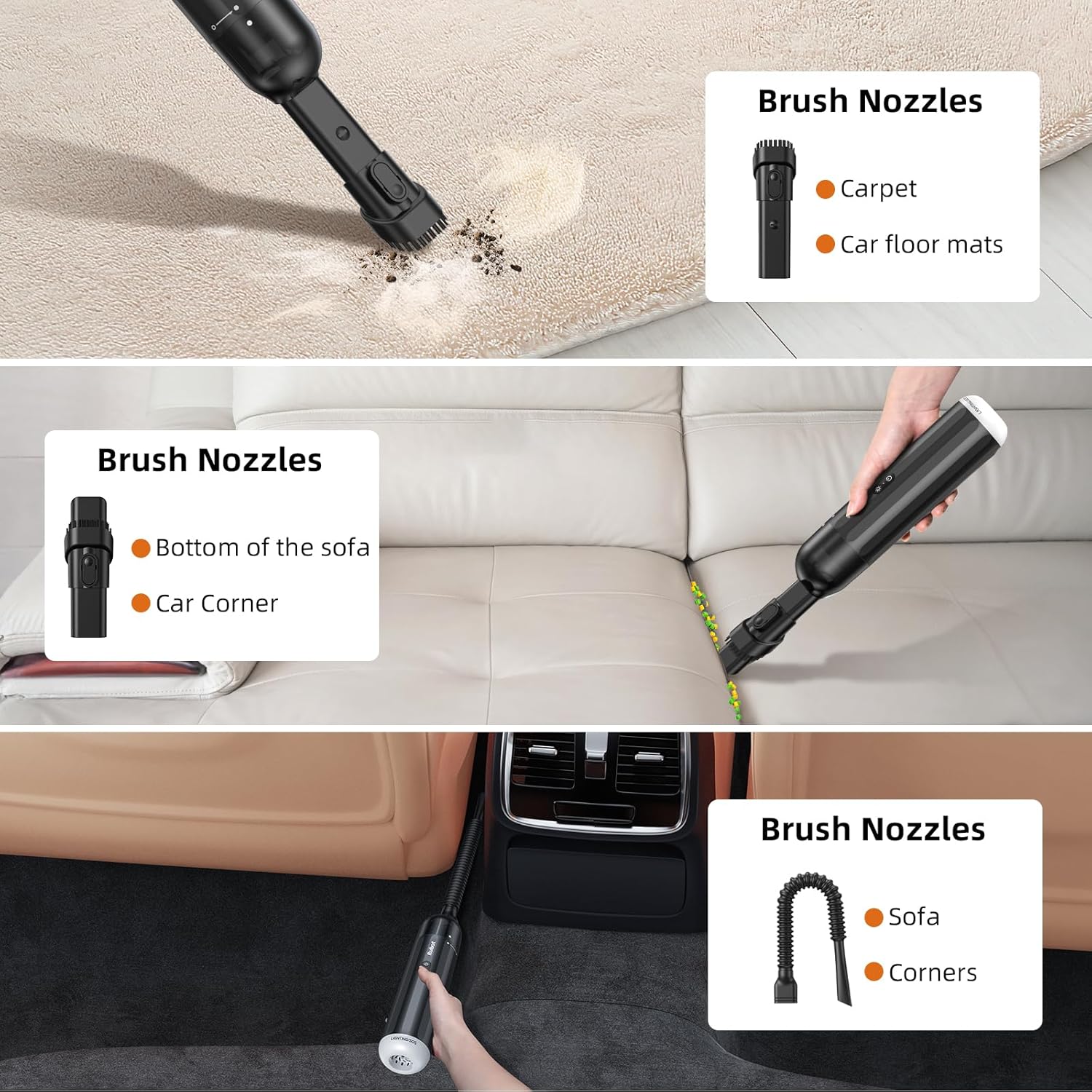 Various brush nozzles for the RUBOT P15 Handheld Vacuum Cleaner, suitable for carpets, car floor mats, sofa bottoms, and car corners.