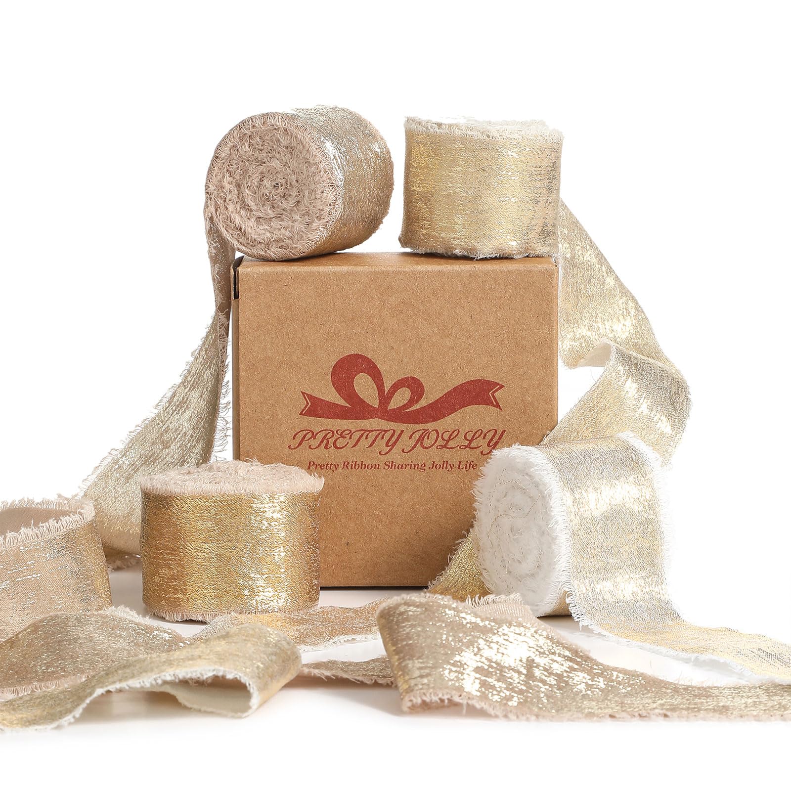 Pretty Jolly Champagne Chiffon Ribbon for Gift Wrapping Handmade Frayed Silk Ribbon for Flower Bouquet Shimmery Gold Fringe Ribbon 1 Inch x 5 Yard 4 Rolls for Hair,Wedding Invitations,DIY Crafts