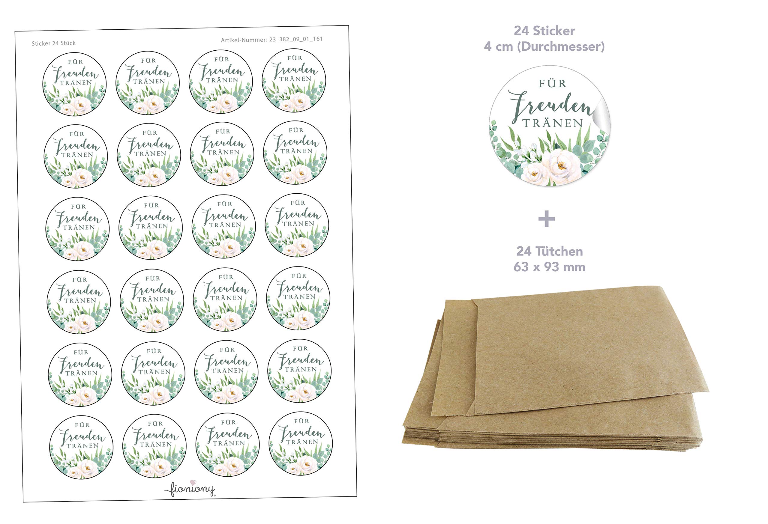 SET GROß: 48 Freudentränen-Sticker + 48 Braune Kraftpapier-Tütchen – 63x93 Mm, Für Hochzeit & Taufe