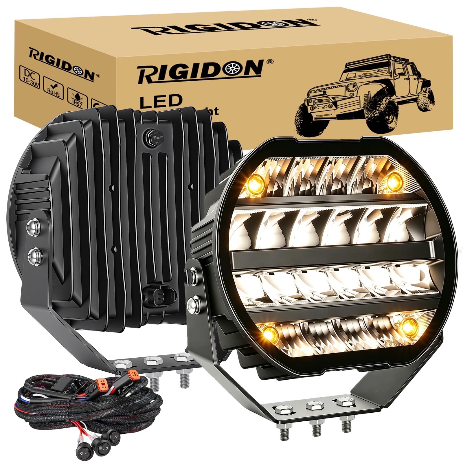 RIGIDON 2x faro da lavoro led, 9 Pollici 100W 13000lm DRL abbagl./anabbagl. | 12V 3m cablaggio kit, rotondo, faretto, spot luci di lavoro a led, fari di profondità per auto fuoristrada camion ATV UTE 4x4