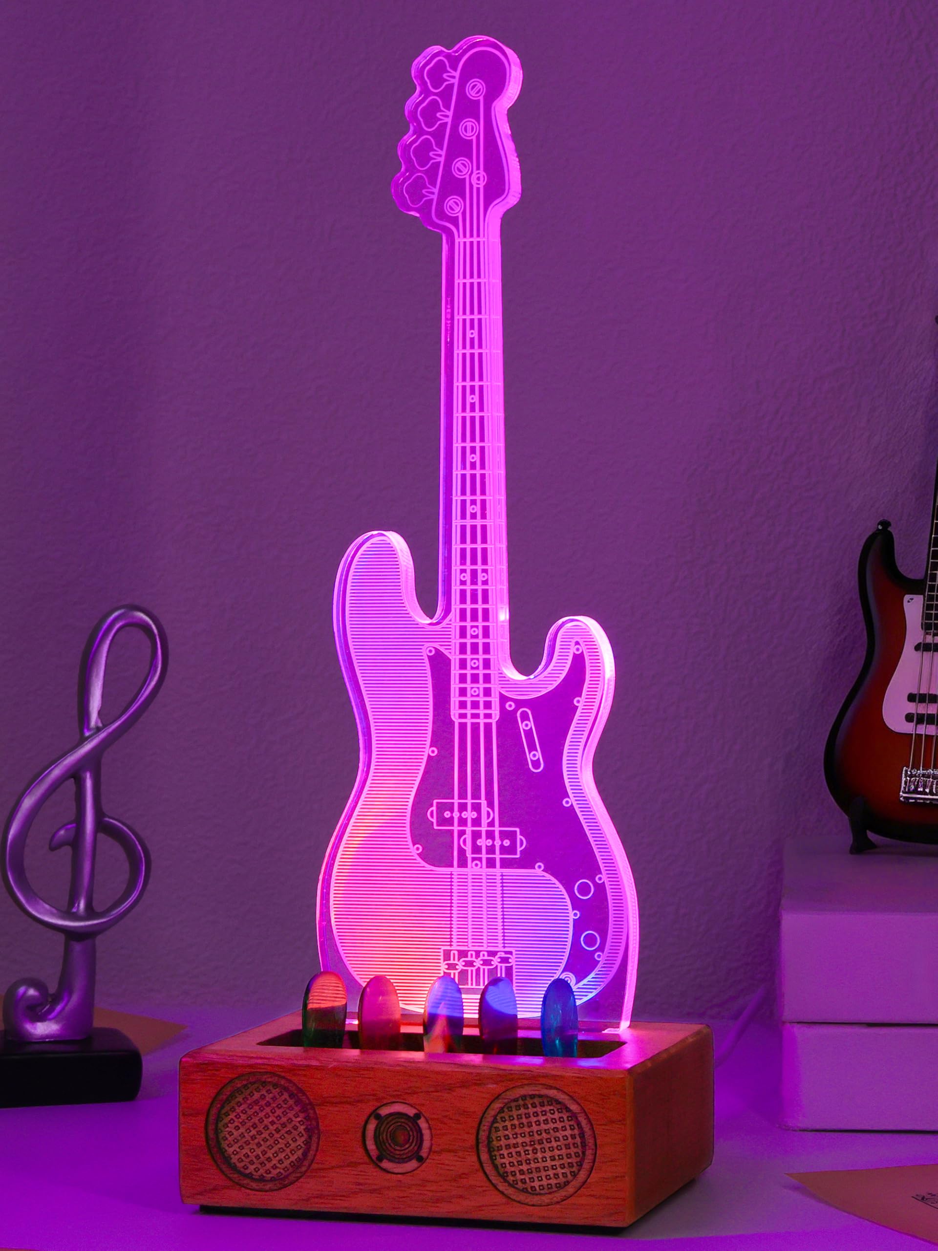 CoolGift Mart Light Up Guitar Pick Holder, Acrylic Bass Guitar Pick Holder with Audio Styling Wooden Base for Picks Storage and Display, Gift for Guitar Players Guitarists