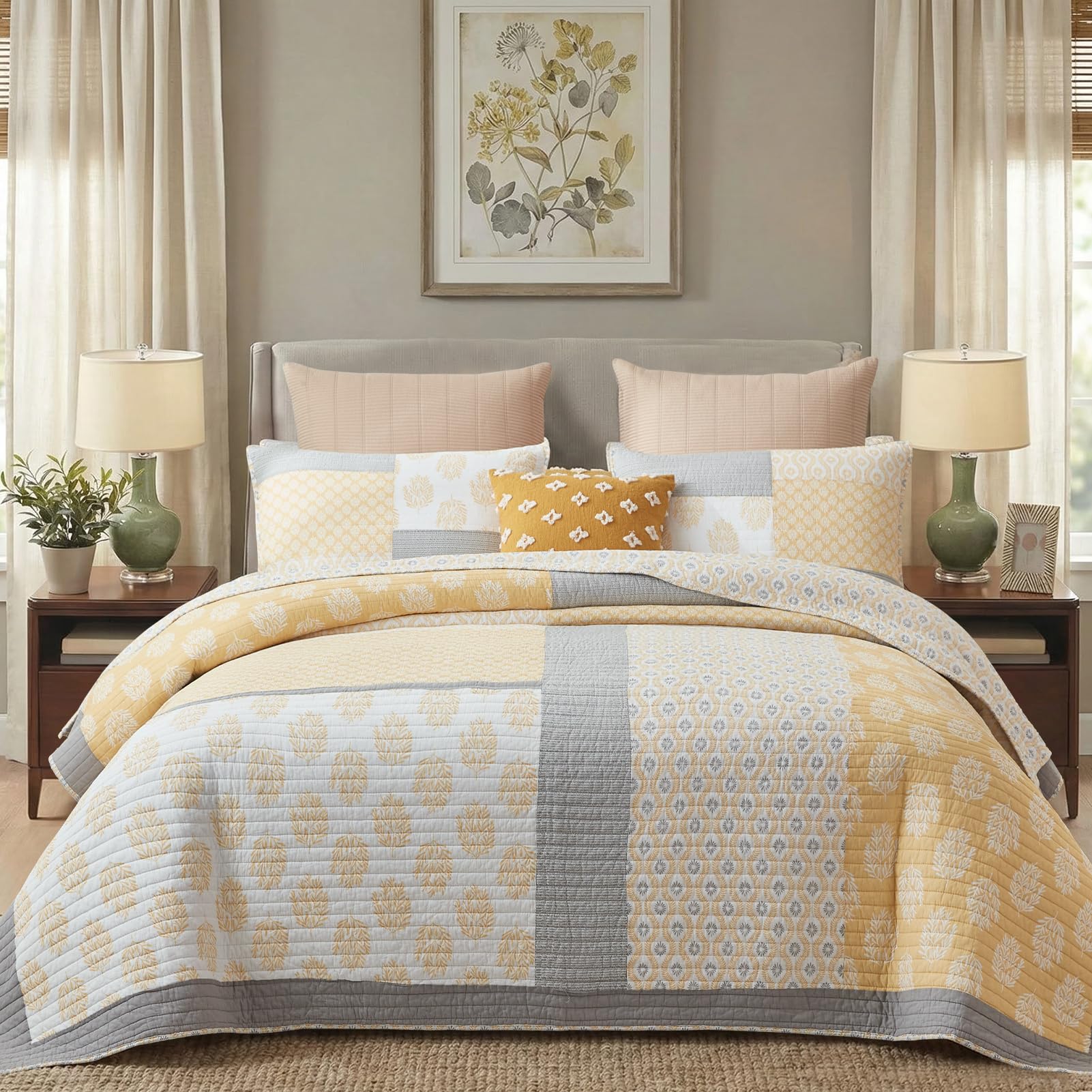 KALOOLA Yellow Patchwork Quilt Set Queen Size, 100% Cotton Lightweight Quilted Bedspread with 2 Pillowcases, Farmhouse Reversible Floral Bedding