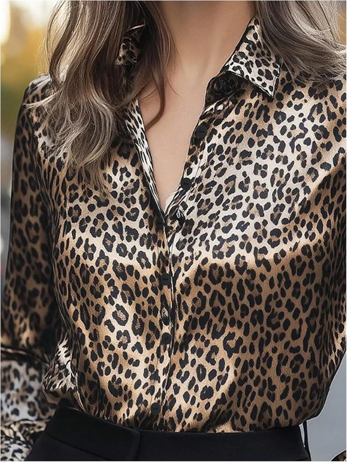 Women's Leopard Shirts Cheetah Button Up Long Sleeve Elegant Work Office Business Blouse Dressy Casual Tops Brown Medium - Image 4