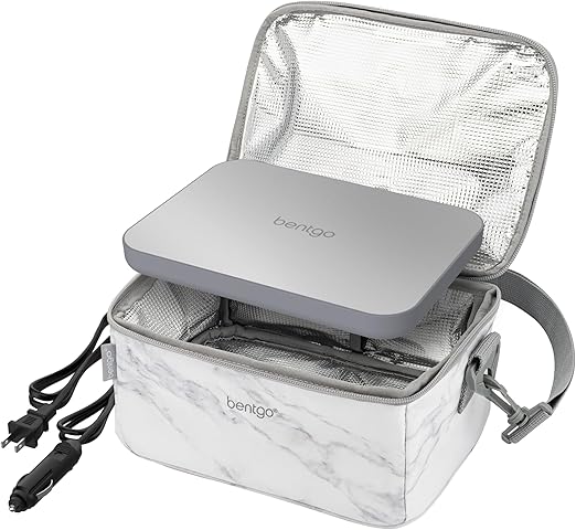 Bentgo Heat - Electric Lunch Bag & Food Warmer for Reheating Meals in Car, at Work & More - Heated Lunch Box Warmer for Adults, Students & Shift Workers, 12V/24V Auto & 120V Wall Cords (White Marble)