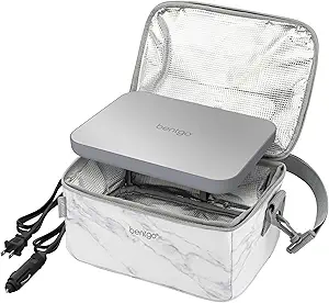 Bentgo Heat - Electric Lunch Bag & Food Warmer for Reheating Meals in Car, at Work & More - Heated Lunch Box Warmer for Adults, Students & Shift Workers, 12V/24V Auto & 120V Wall Cords (White Marble)