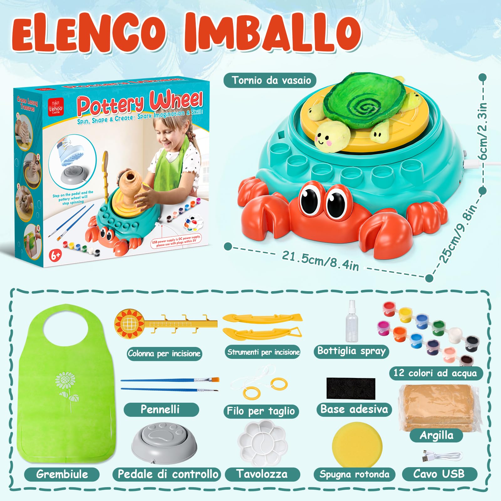 Kit Ceramica per Bambini, Ruota in Ceramica Elettrica, Tornio per Ceramiche Gioco creativi,Set di ceramica fai da te con Argilla, Colori, Grembiuli,DIY Ceramiche regali per Bambina Bambini 6-12