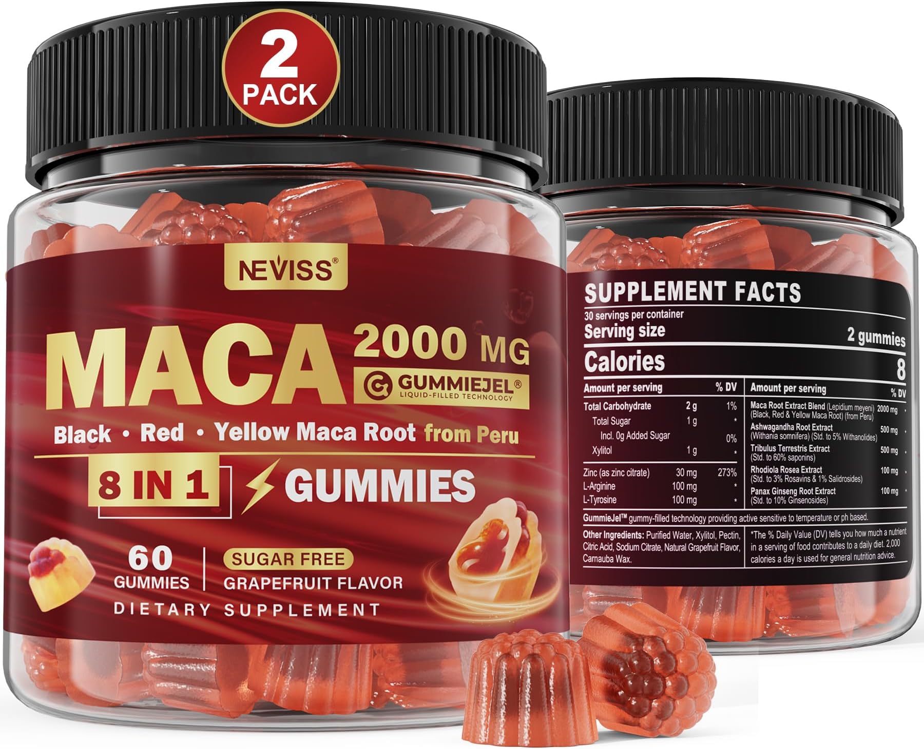 2 Pack Sugar Free Maca Root Gummies 2000mg with Ashwagandha, Tribulus Terrestris, Rhodiola, Panax Ginseng, L Arginine & L Tyrosine - Organic Black Red Yellow Maca Root for Women Men Energy Support