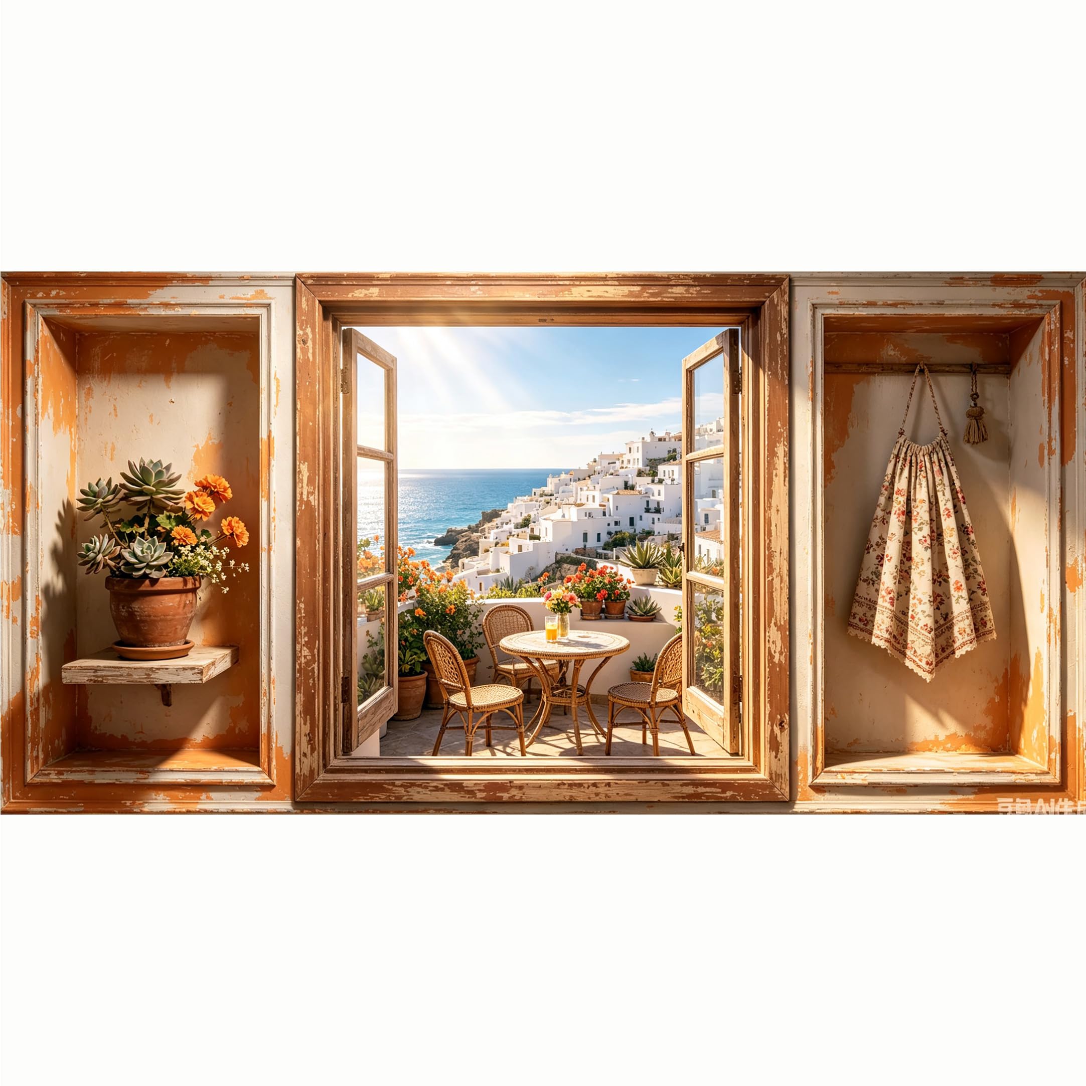 QZLITHOTIC 50x100cm 3D Framed Wall Art， Mediterranean Seaside Terrace Coastal View Self‑Adhesive Mural， Water‑Activated Peel & Stick Fabric Decor Wall Decal for Bedroom Living Room