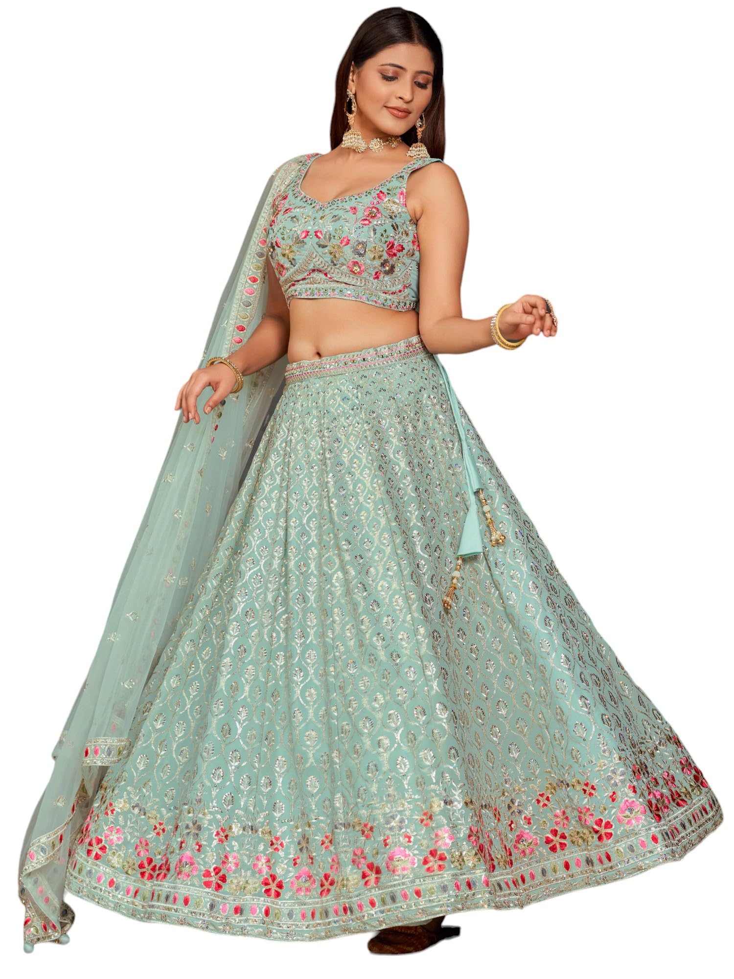 zeel clothing Womens Georgette Lehenga Choli Semi-Stitched Pista Wedding Bridal Free Size-picture-22